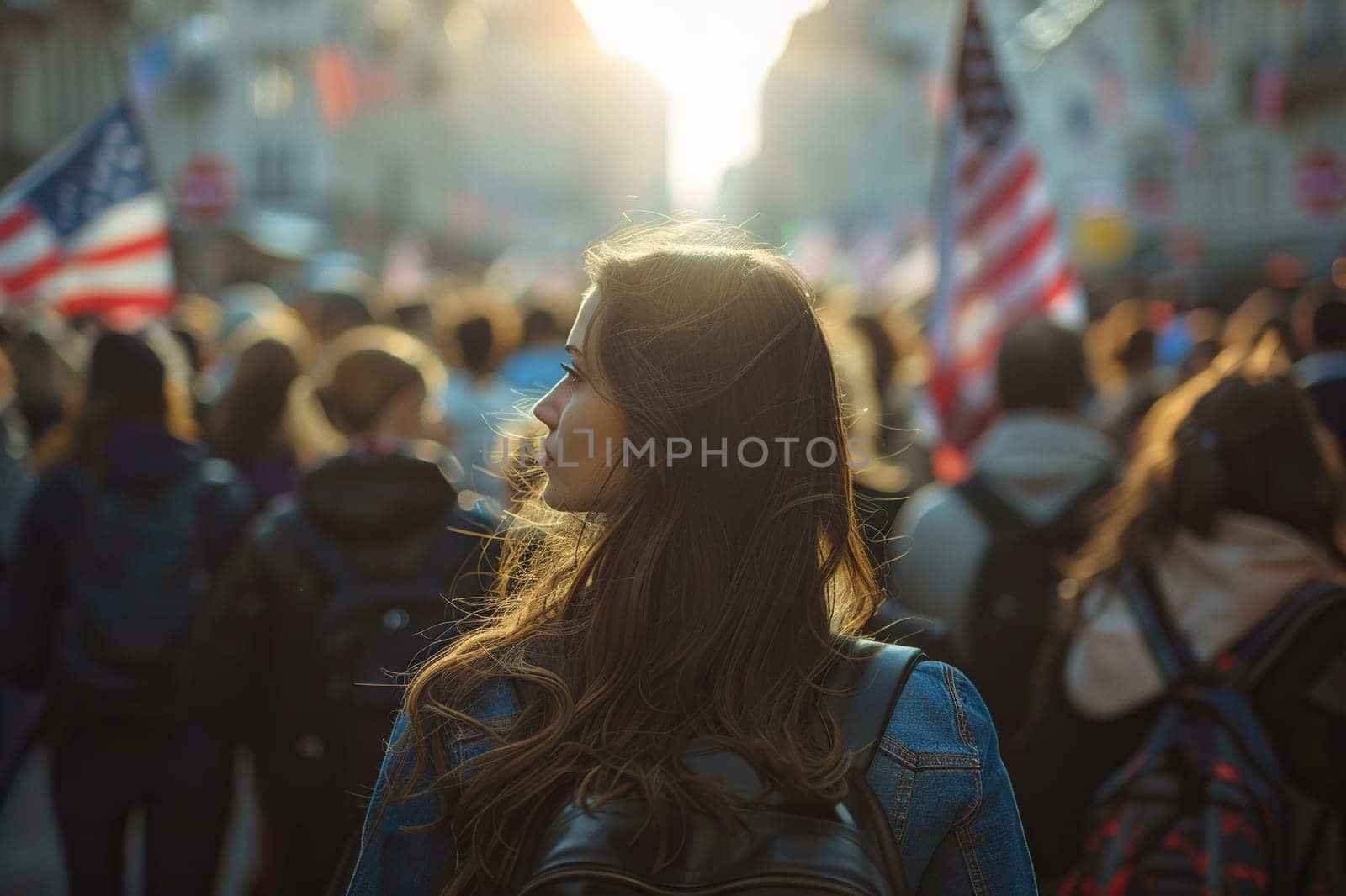 A young attractive girl in a crowd of people with American flags in her hands.