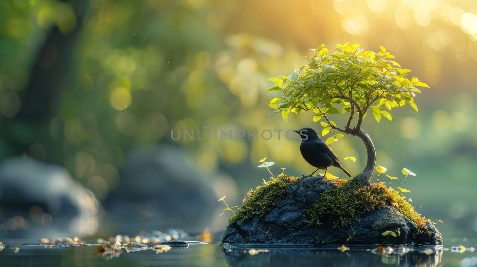 A green tree and a bird on an island in the middle of a lake. Environmental concept.