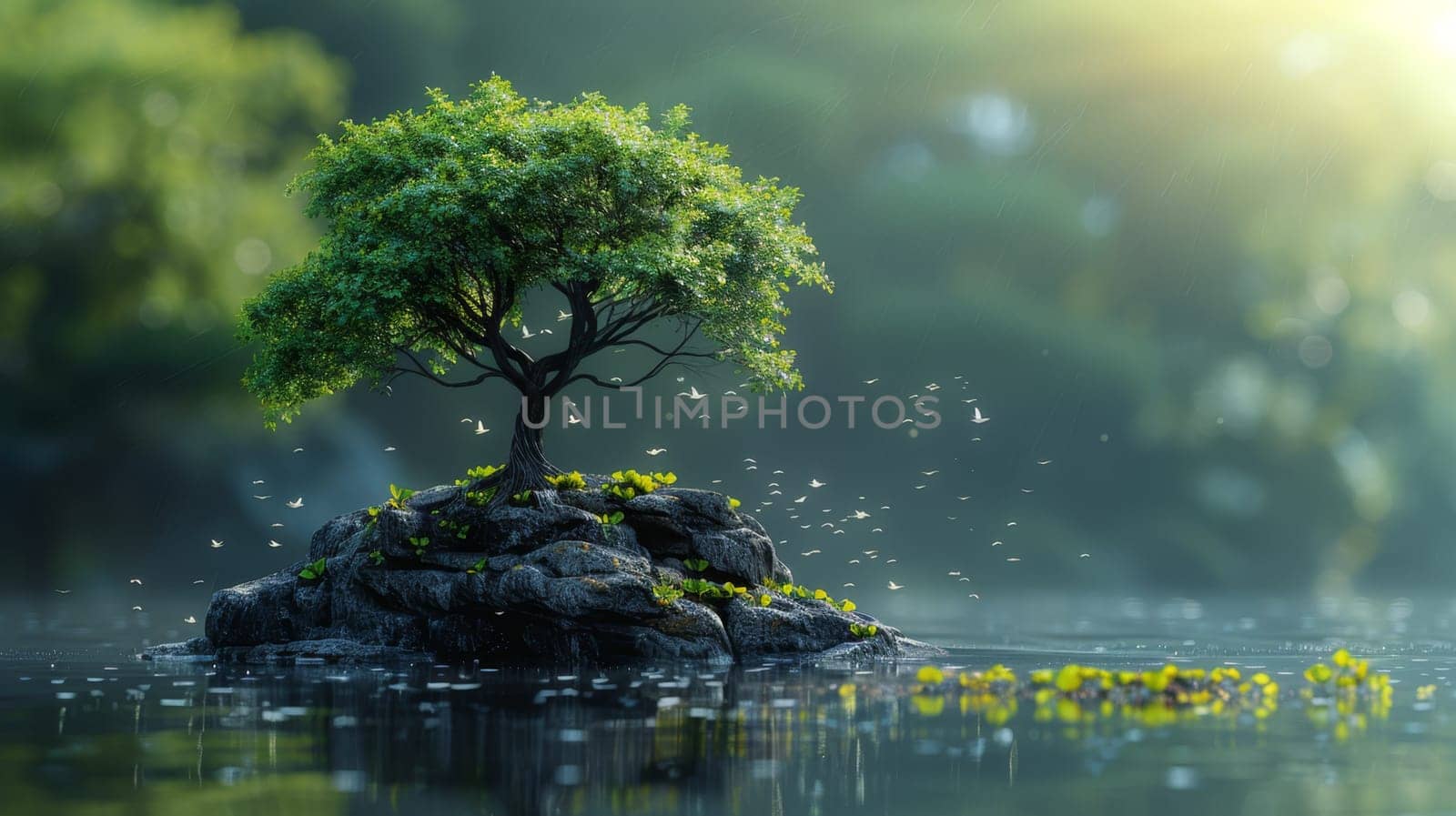 A green tree on an island of the lake. Environmental concept.