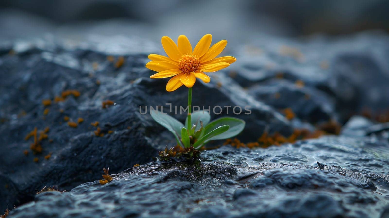 A flower sprouted in rocky rocks. The plant grows on a stone.