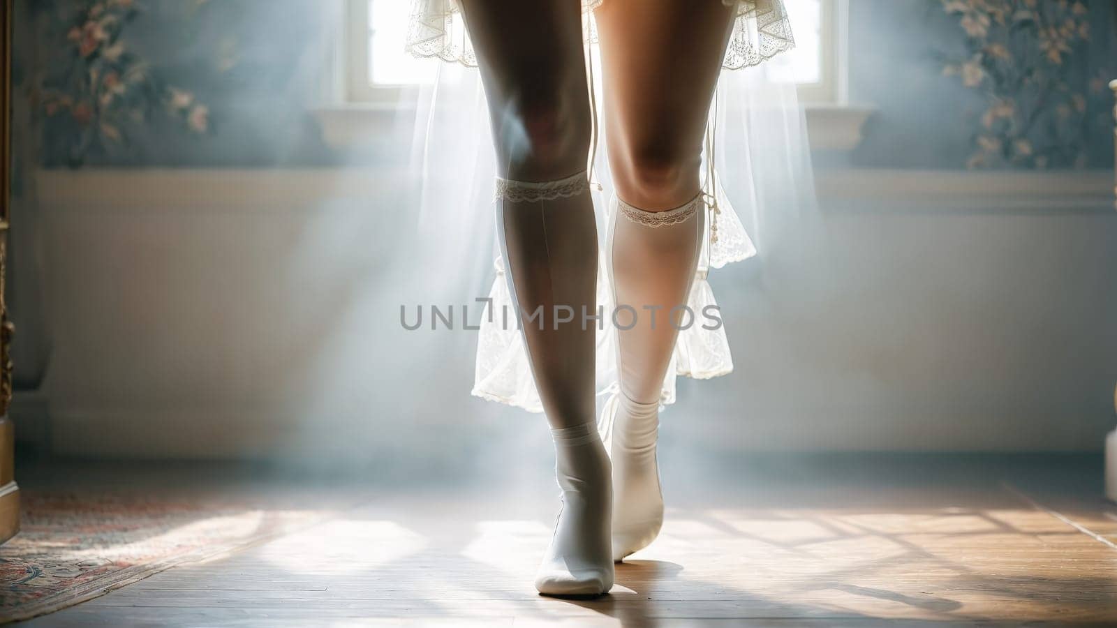 Lingerie model s lower body and long legs in sheer white stockings walking gracefully diverse.