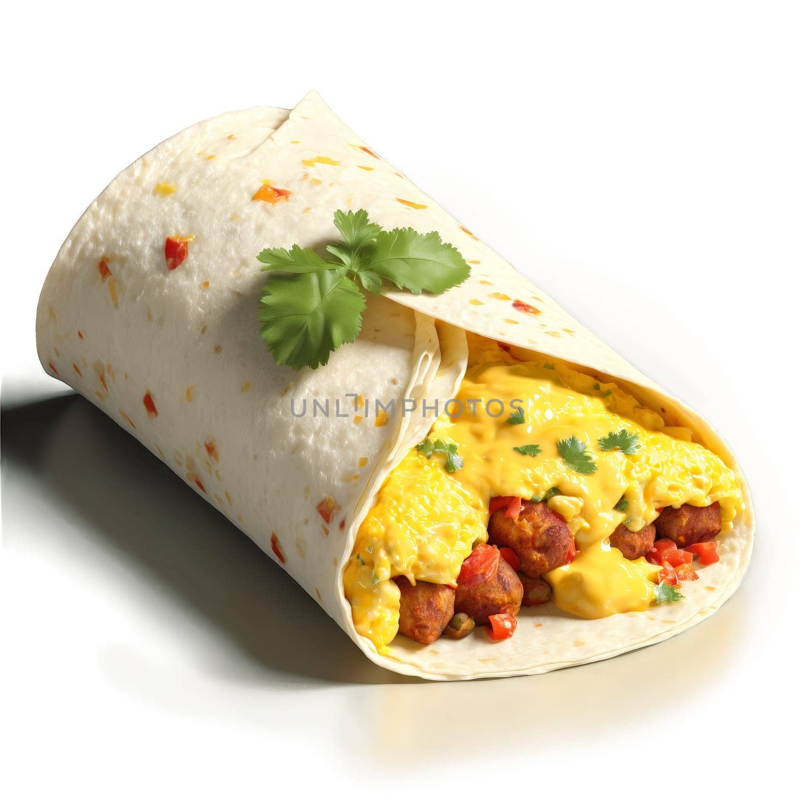 Breakfast burrito with scrambled eggs chorizo potatoes and cheddar cheese wrapped in a large flour. close-up food, isolated on transparent background