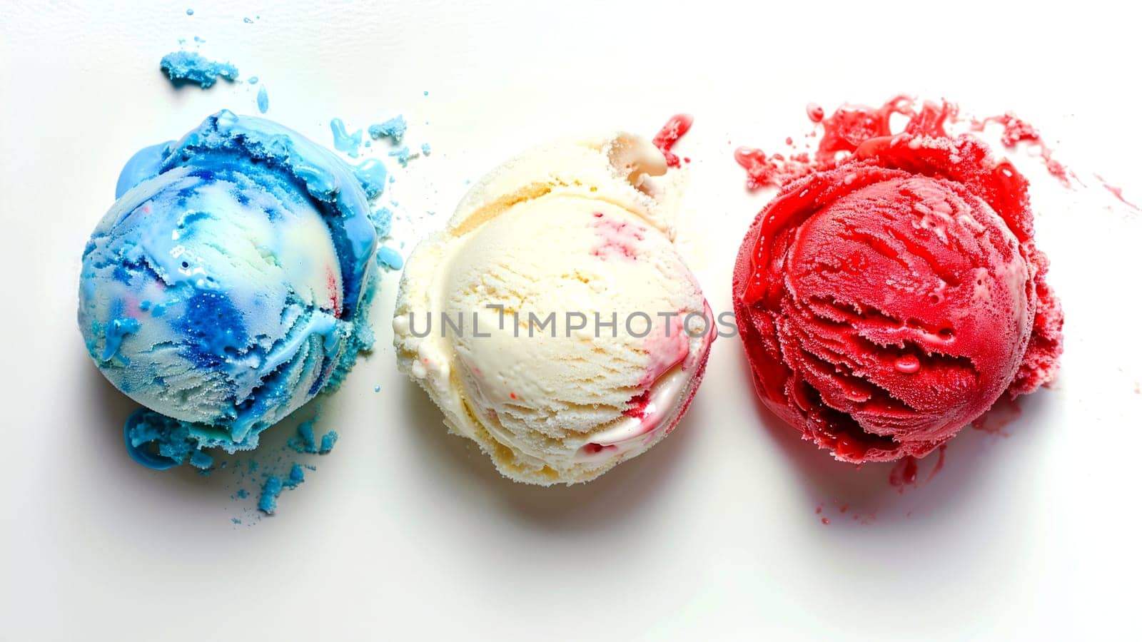 Top view of red, white, blue ice cream balls on white background