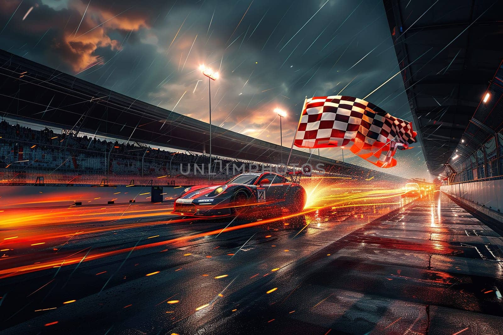 Race car on the track with the winner's flag. Photo in motion.