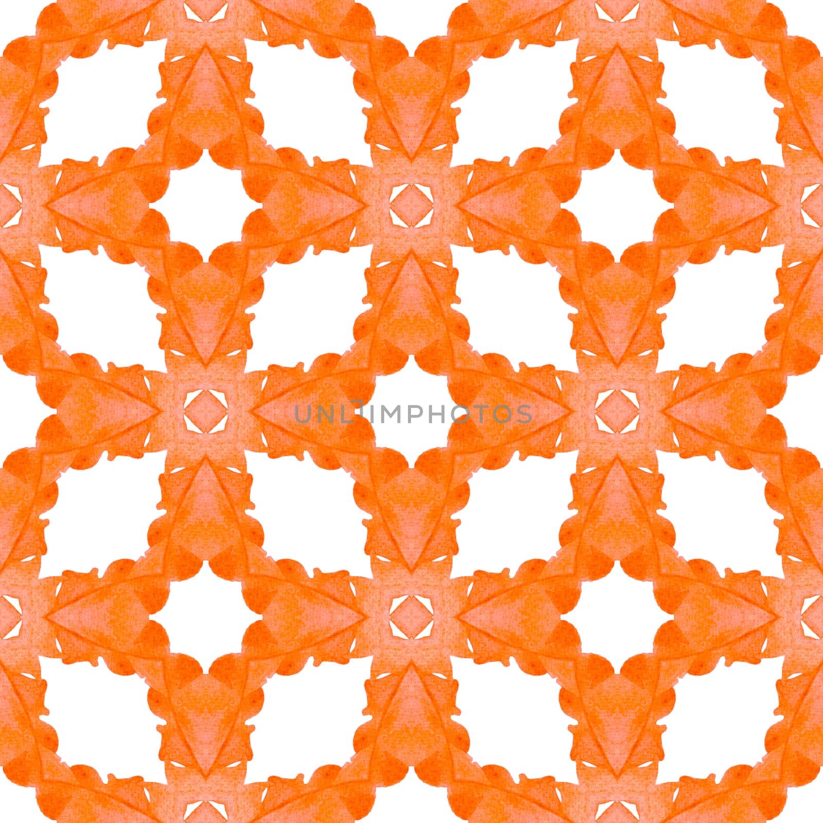 Ikat repeating swimwear design. Orange emotional boho chic summer design. Textile ready outstanding print, swimwear fabric, wallpaper, wrapping. Watercolor ikat repeating tile border.