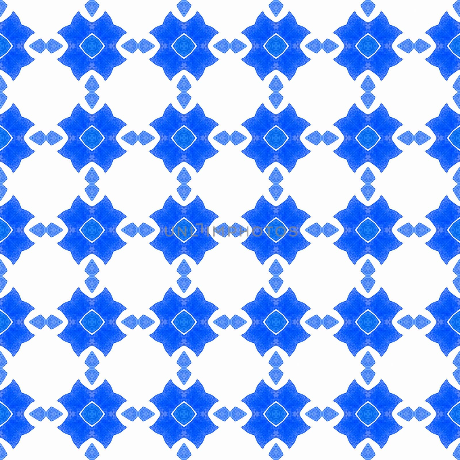 Textile ready resplendent print, swimwear fabric, wallpaper, wrapping. Blue grand boho chic summer design. Ikat repeating swimwear design. Watercolor ikat repeating tile border.