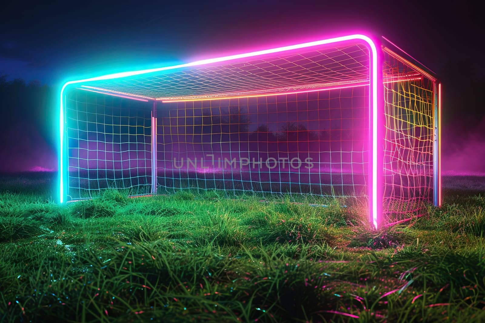 Football goal with neon glow on green grass in the dark.
