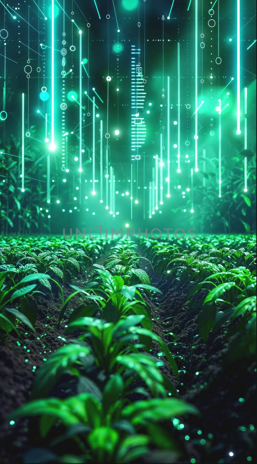 Rows of young plants with digital data streams, highlighting tech in agriculture