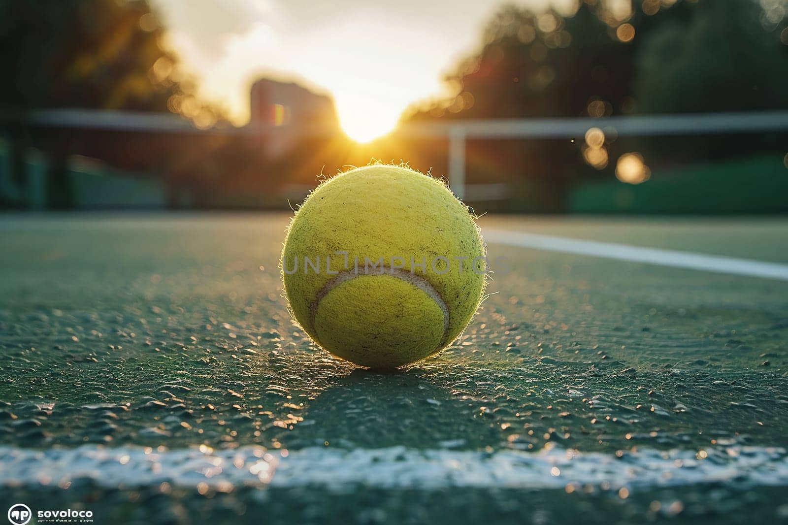 Close-up of a tennis ball on a tennis court at sunset.
