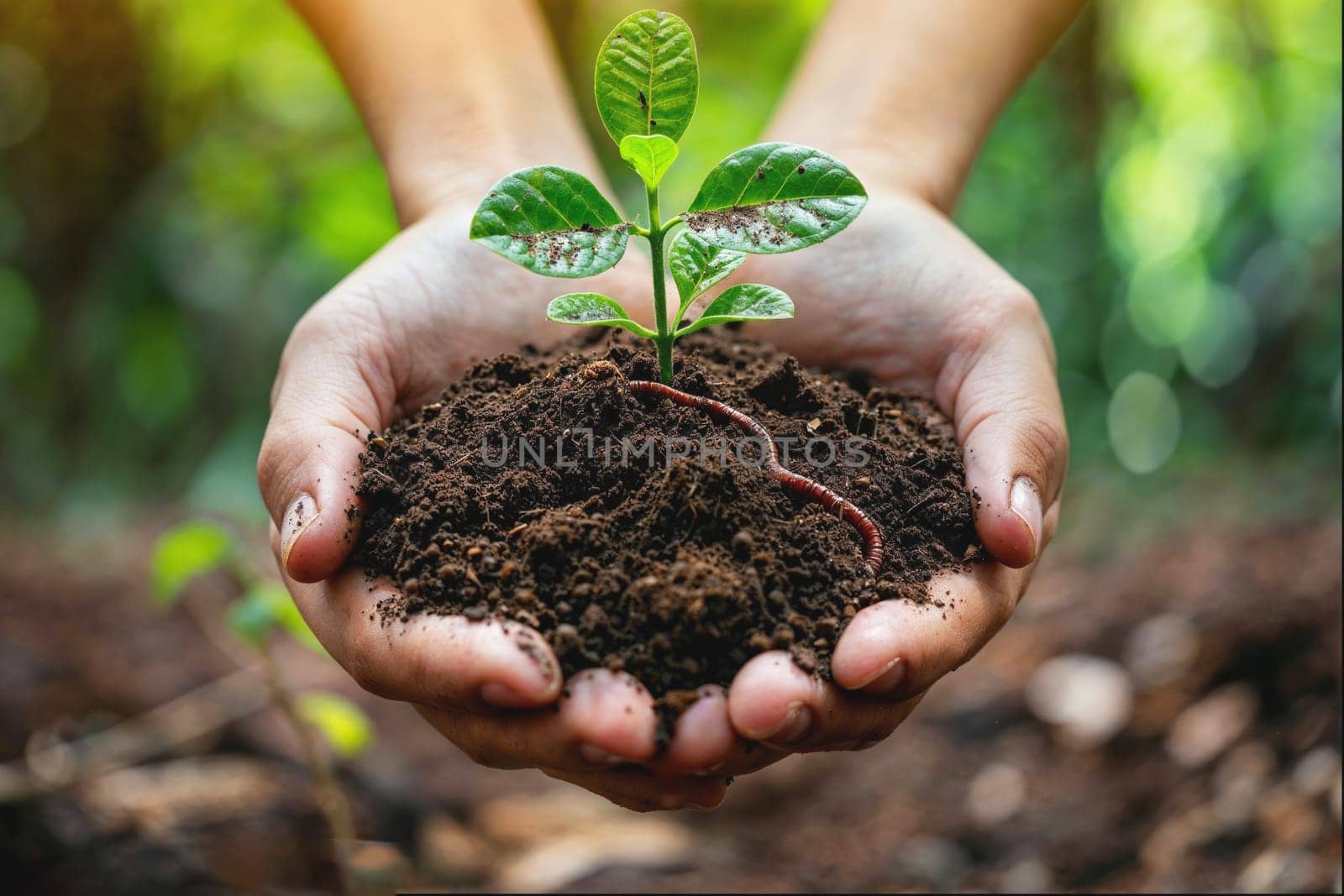 Hands cradle soil with a young plant and a worm, symbolizing nurturing and growth.