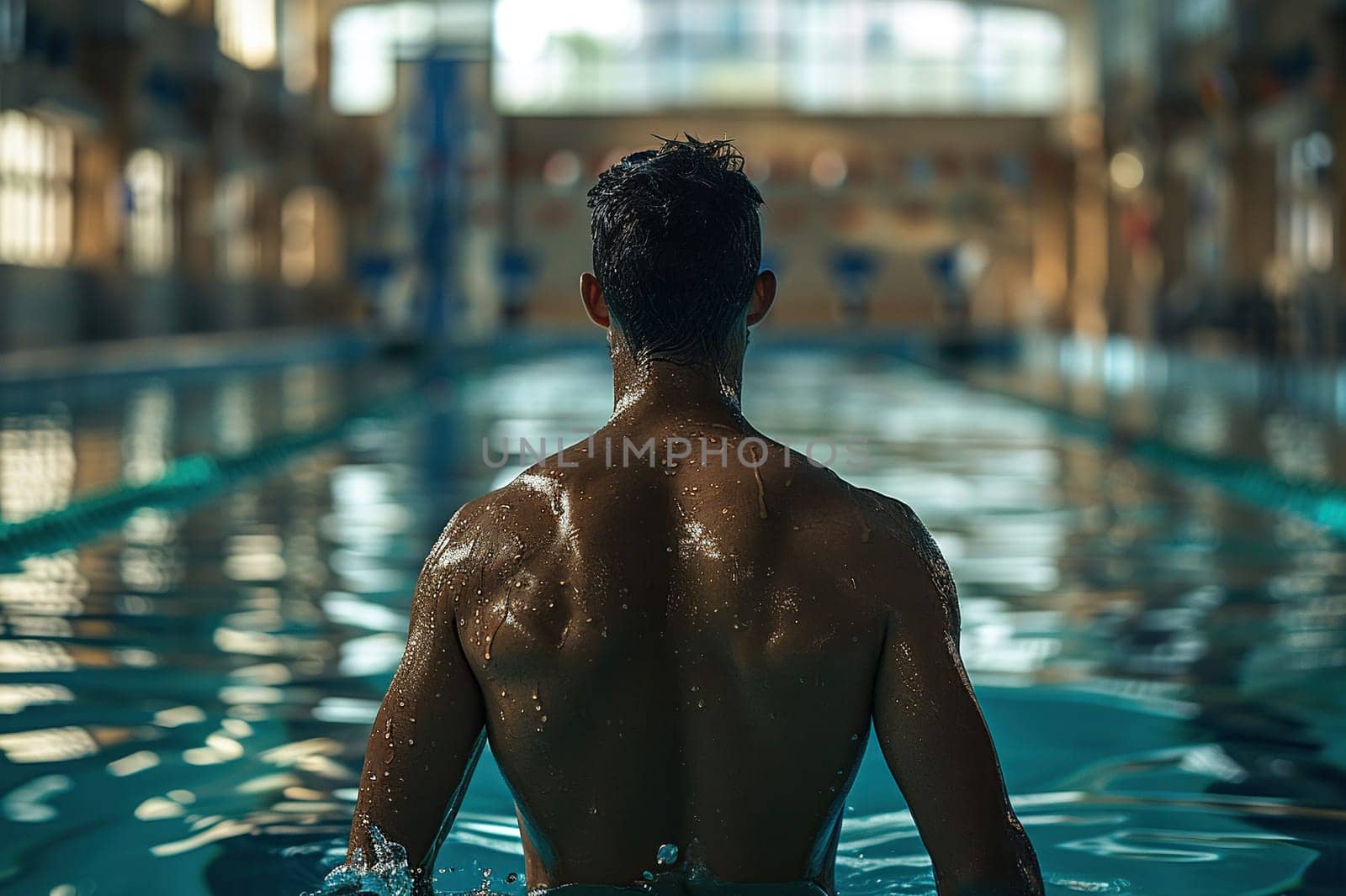 Rear view of a man swimming in a pool in splashes of water.