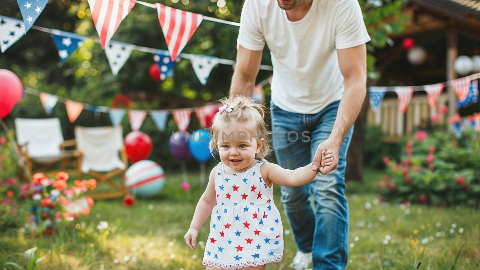 Girl in patriotic dress with dad celebrating Independence Day in the backyard