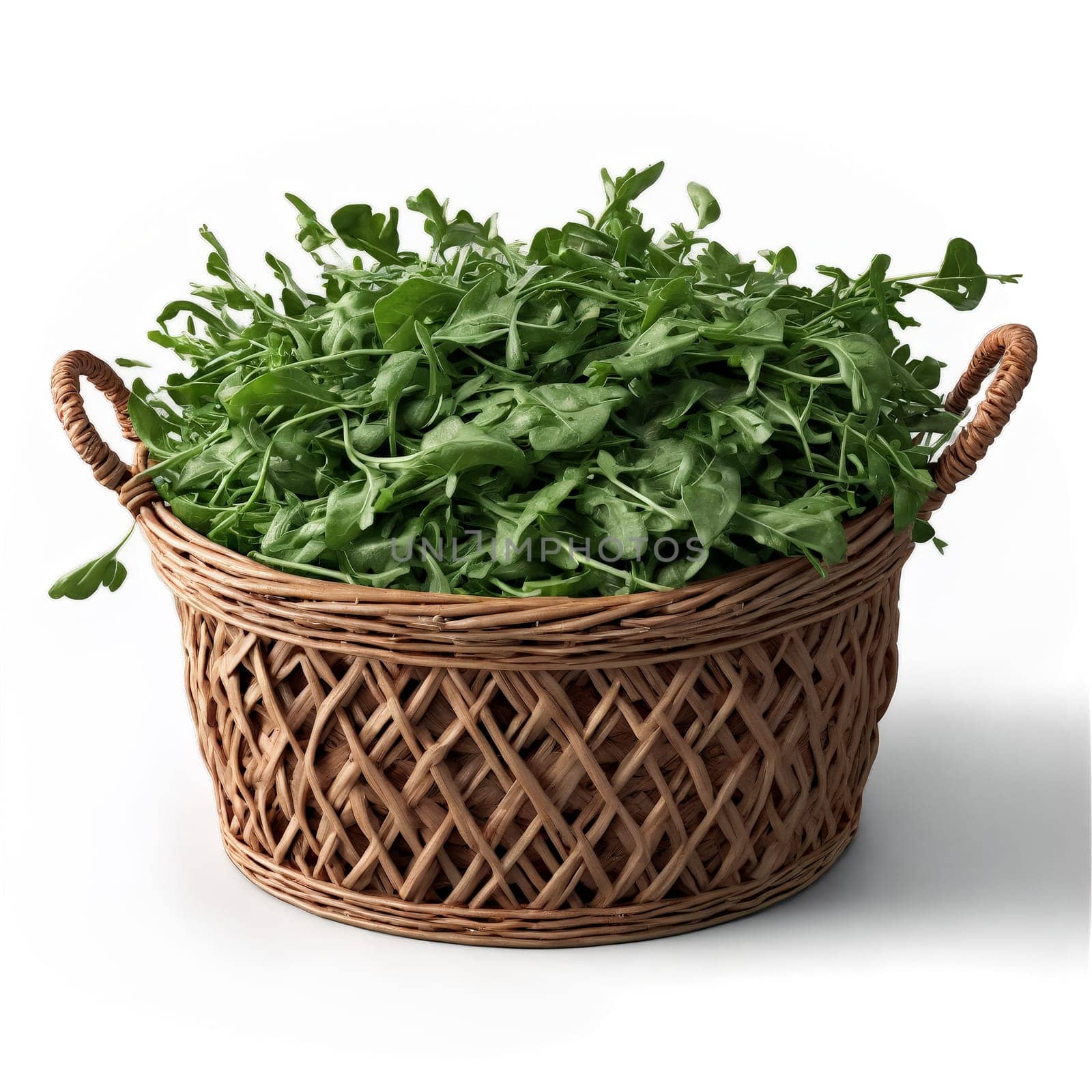 Arugula eruca sativa dark green leaves and bunches dancing over weathered wicker basket misty air. Food isolated on transparent background.