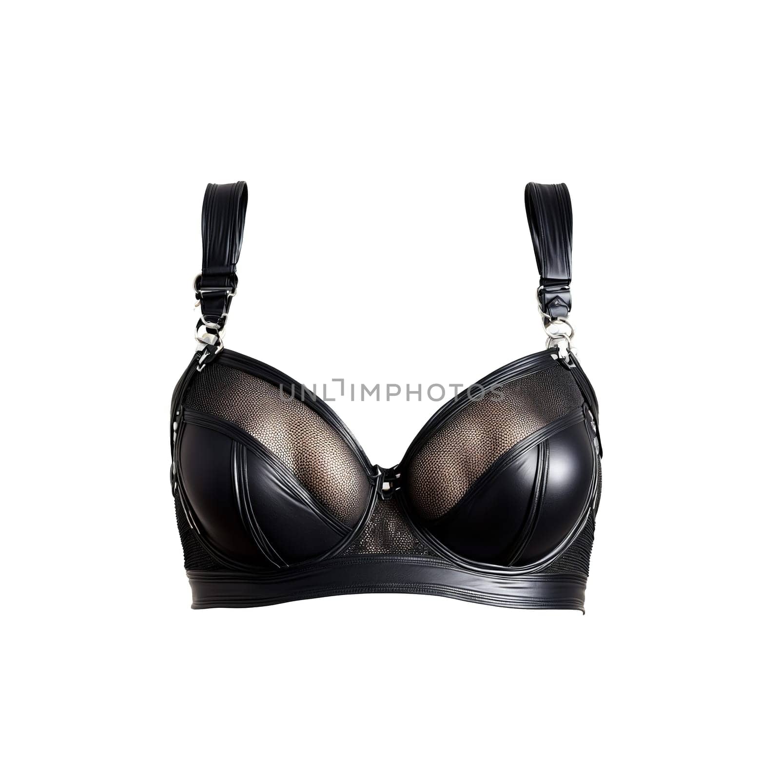 Edgy heavy metal studs and mesh bra rocking hard black and chrome mosh pit ready. Woman lingerie isolated on transparent background.