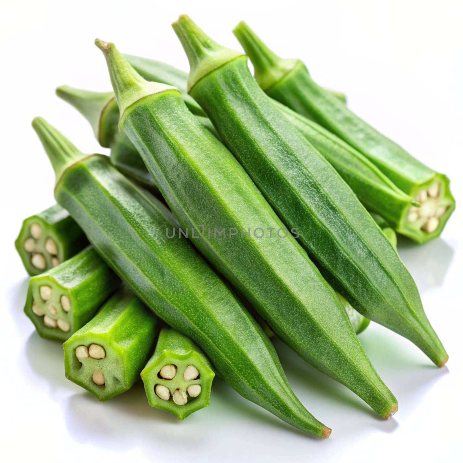 Green fresh Okra isolated on white background. Ai generated by alenamoore