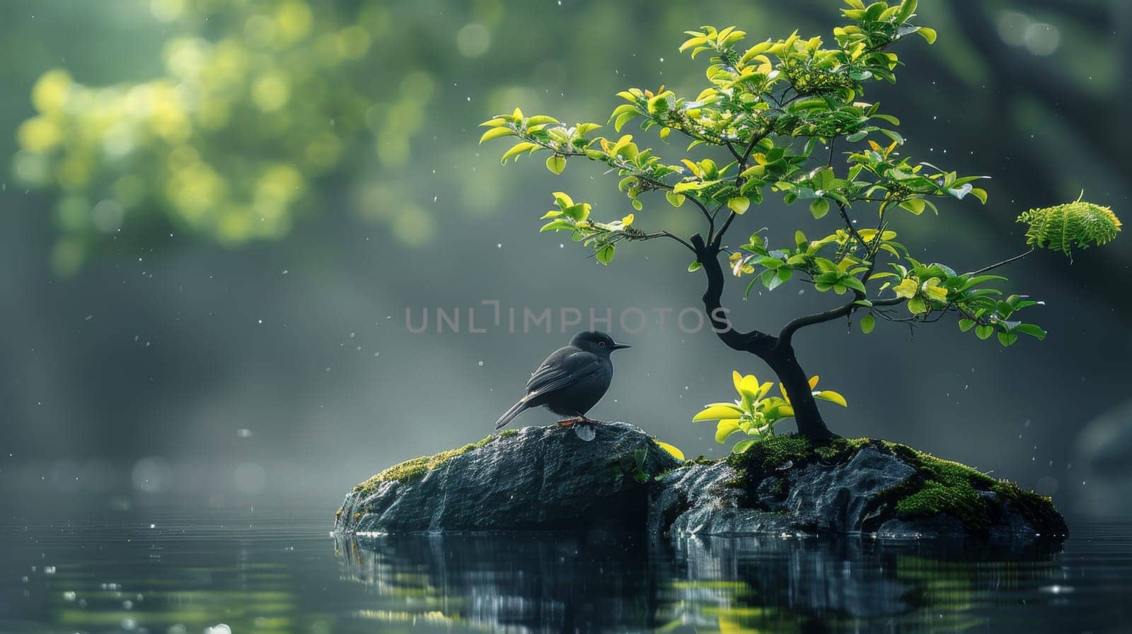 A green tree and a bird on an island in the middle of a lake. Environmental concept.