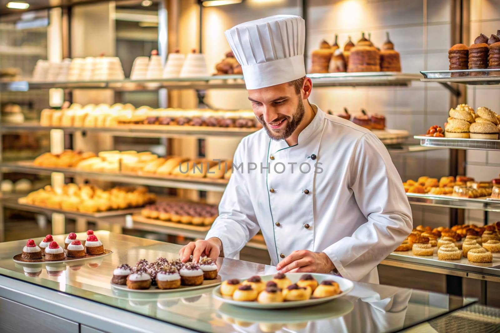 Male pastry chef in a pastry shop with various confectionery products. Ai generated by alenamoore