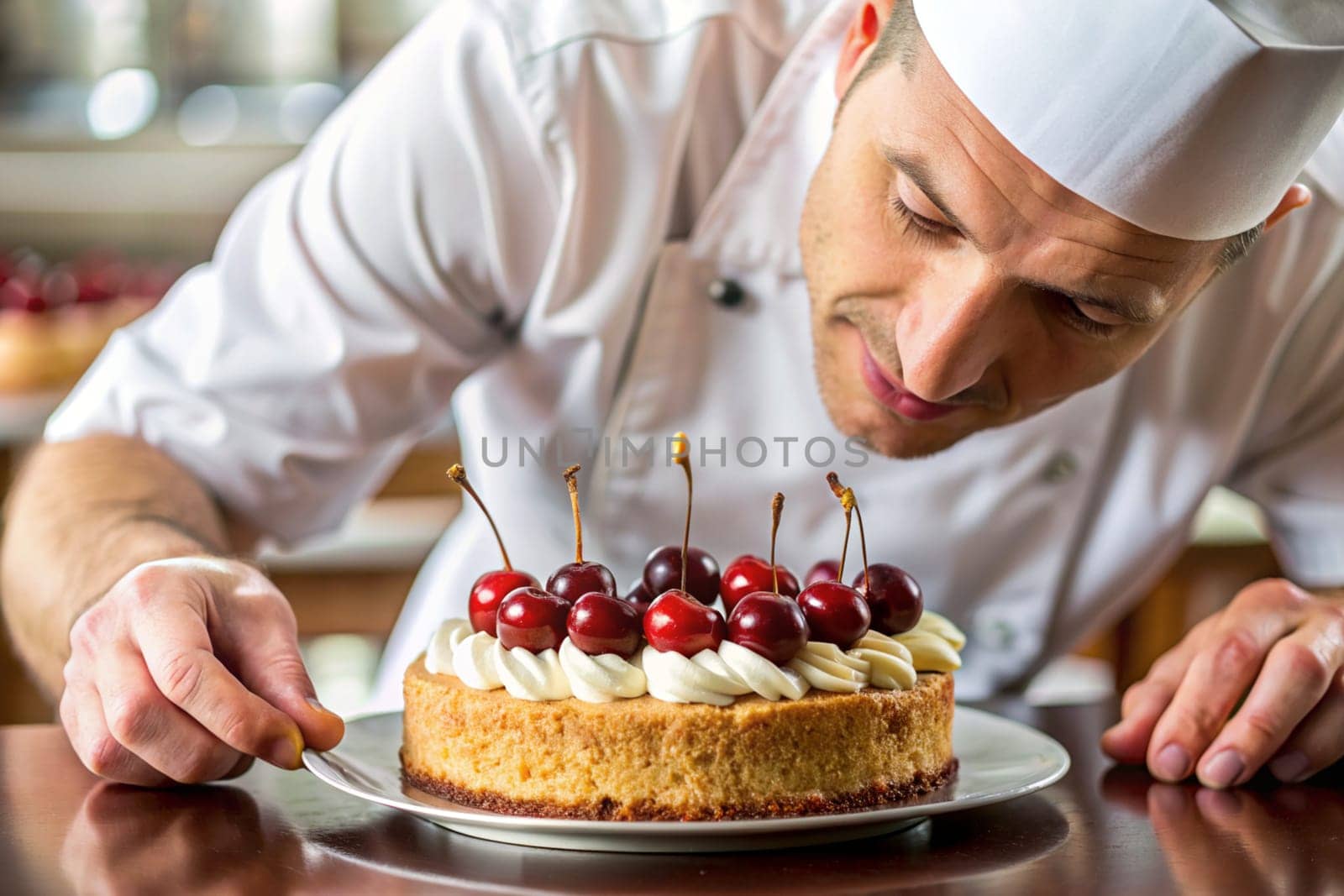 Man chef decorating cherry cake in the kitchen. Male chef making a cake with cream. Ai generated by alenamoore