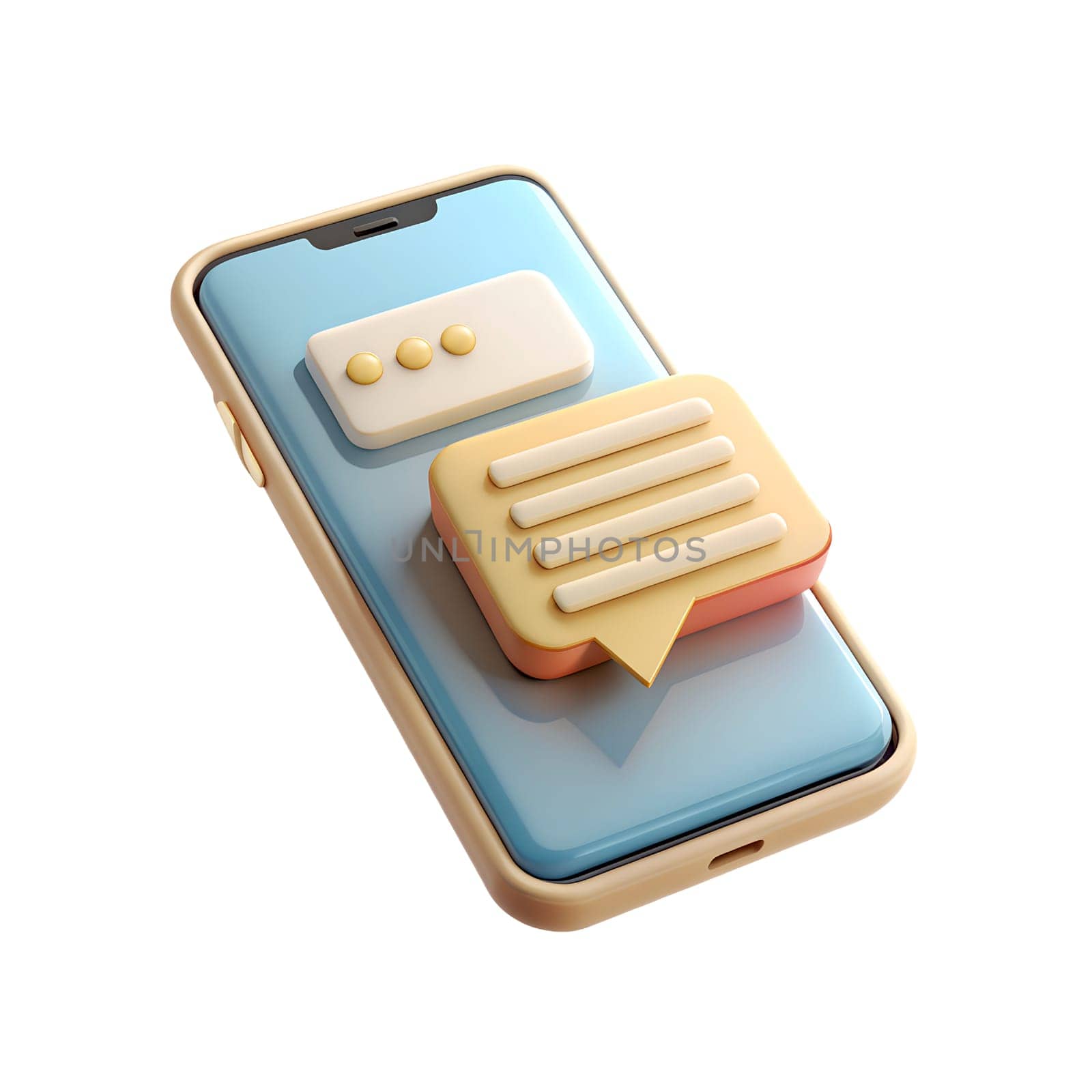 Beige smartphone with message, 3D generated AI. On white background. illustration.