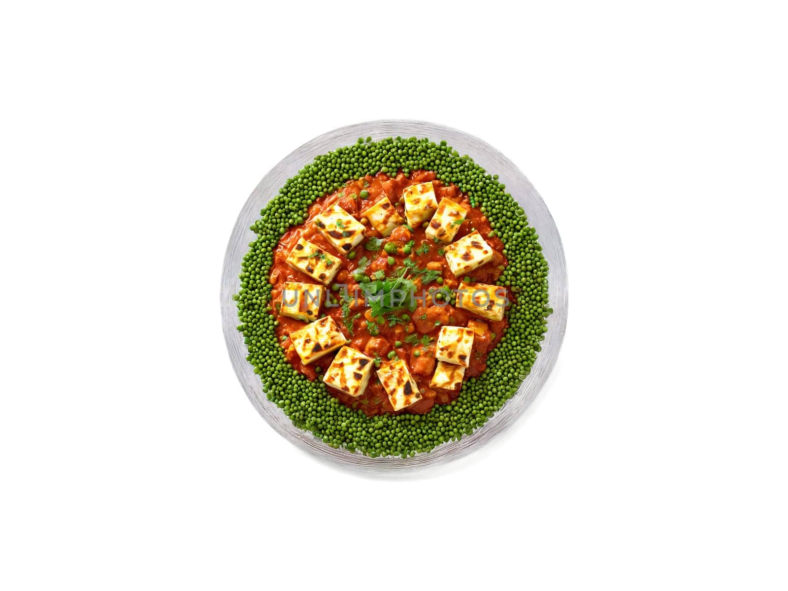 Mutter Paneer with peas and paneer in a tomato based sauce served on a transparent. Food isolated on transparent background.