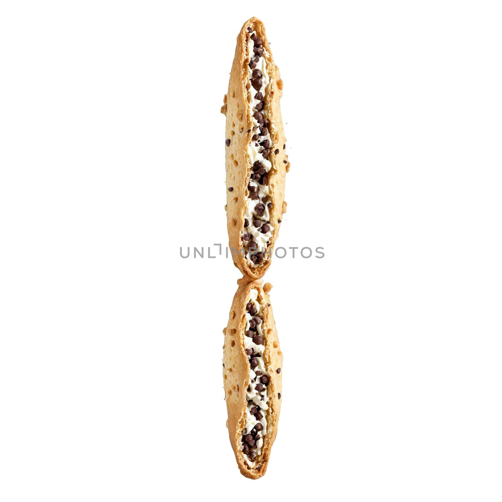 Cannoli with ricotta filling and chocolate chip ends in motion Food and culinary concept. Food isolated on transparent background.