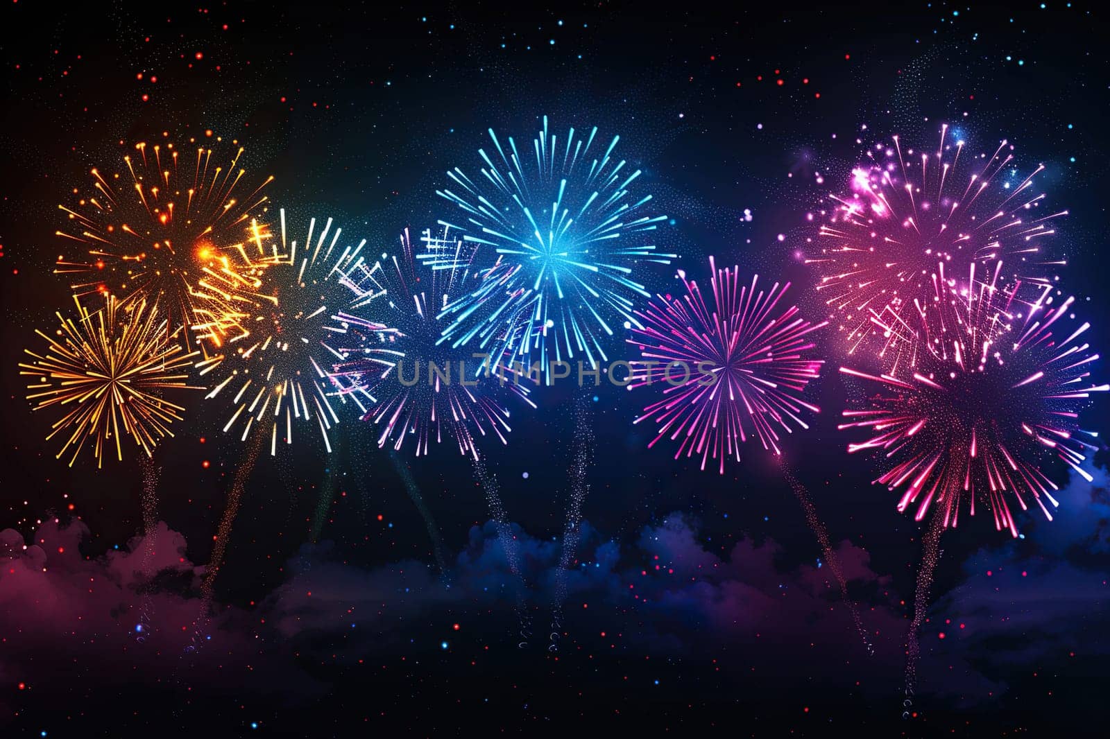 Colorful festive fireworks on black background.