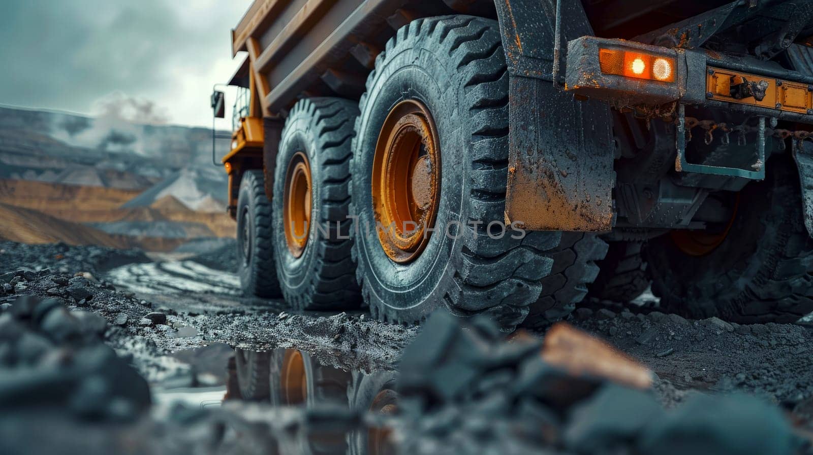 Big Yellow Mining Truck in Anthracite Coal Open Pit Mine Industry. Generative AI.