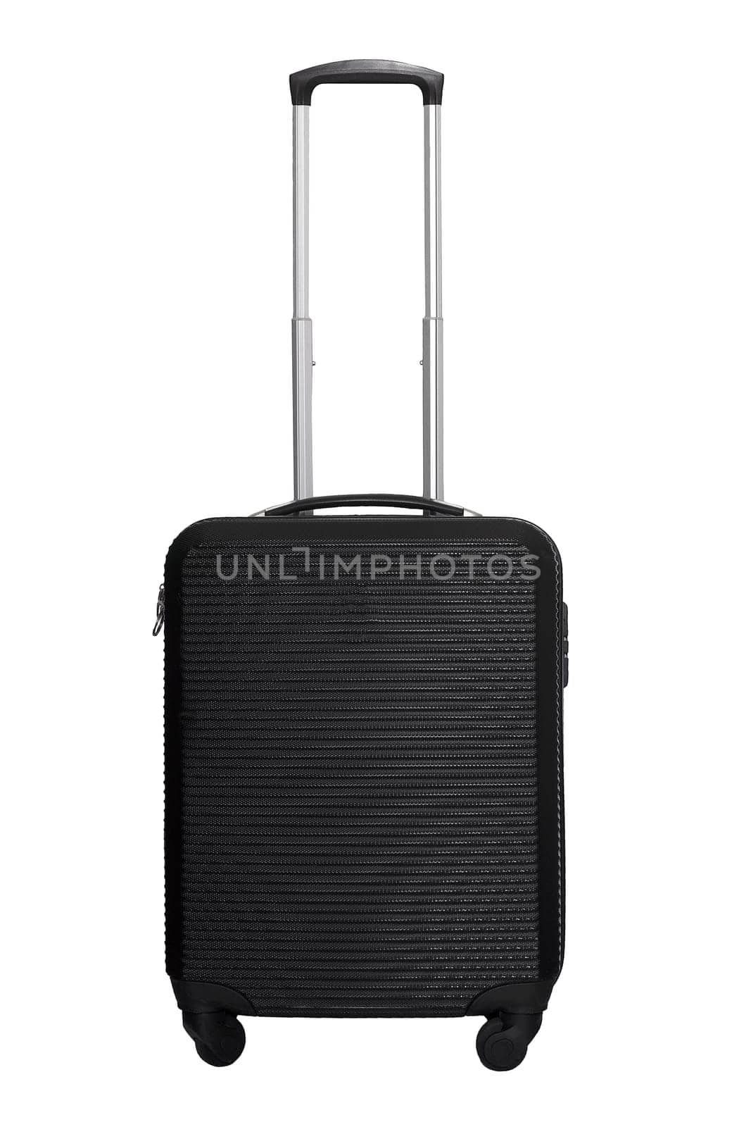 Black travel suitcase with open handle isolated on white background