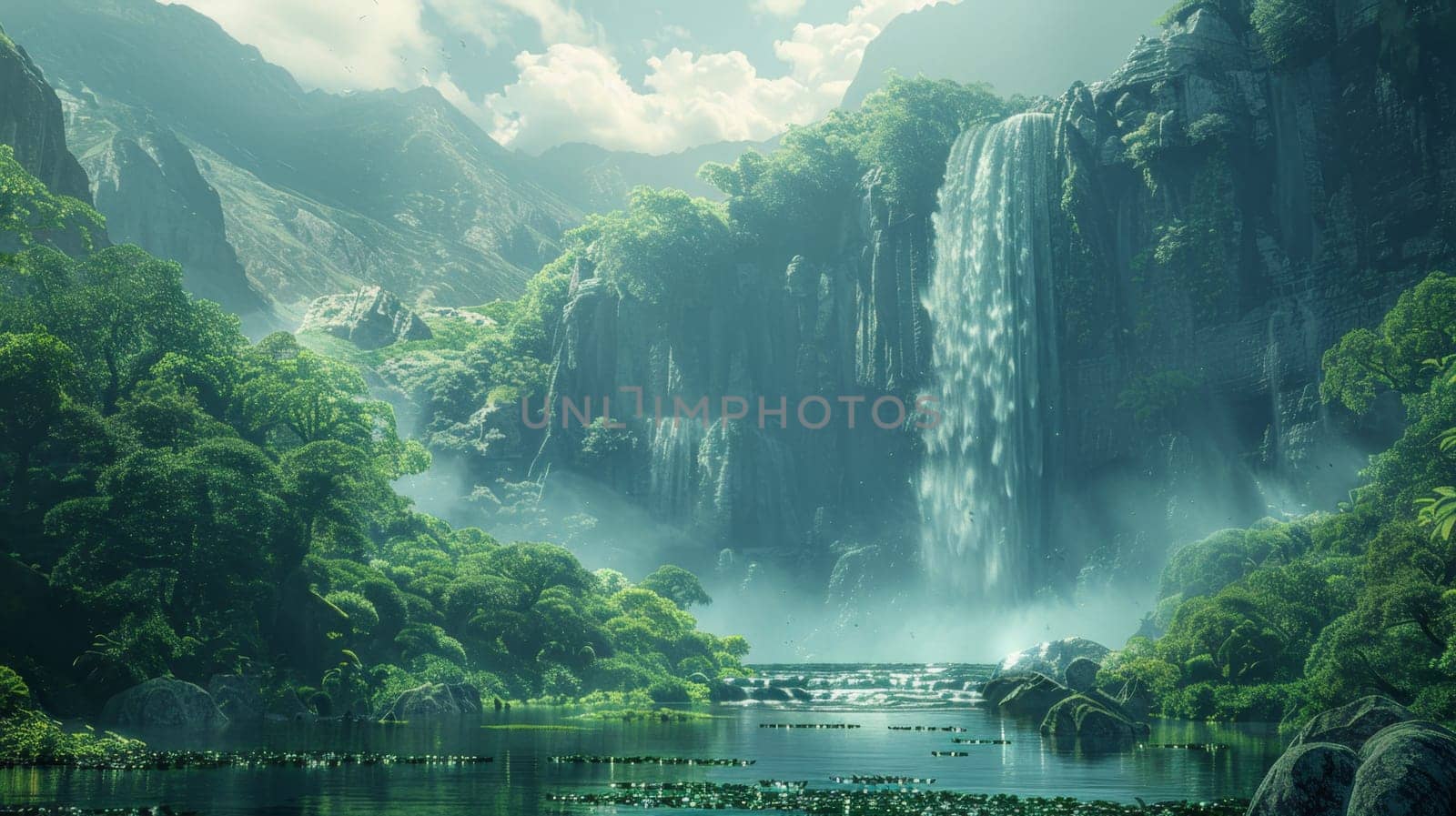 Mountains with a waterfall . A meadow near the mountains.