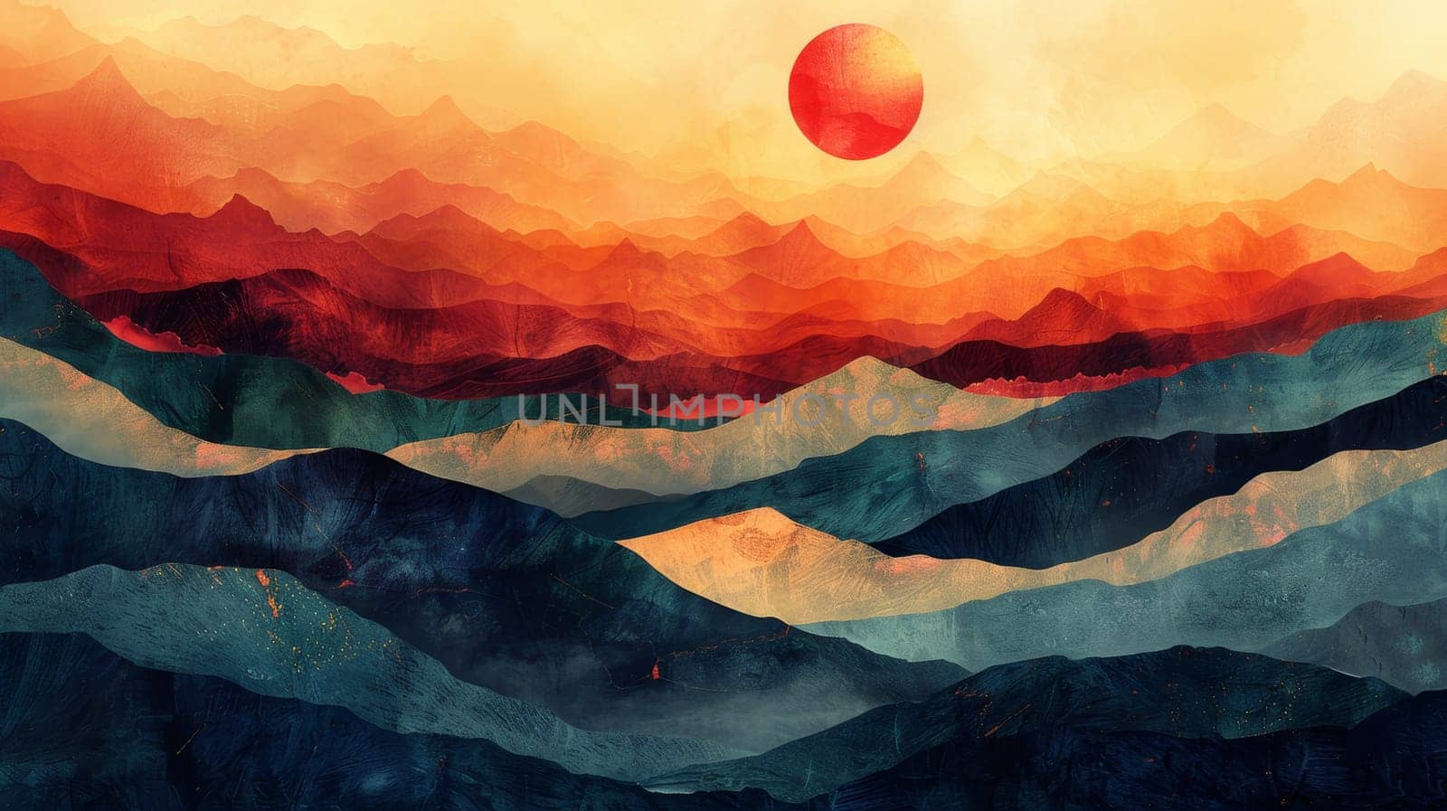 Stylized landscape, abstract view of mountains and setting sun. Illustration.