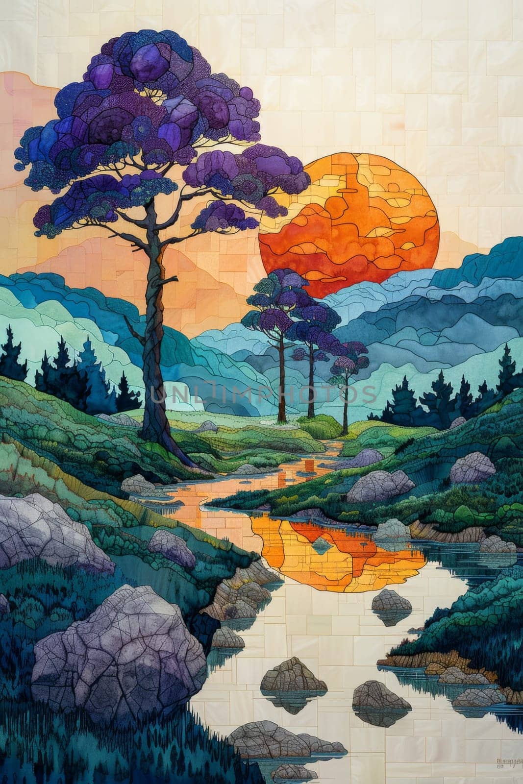 Stylized landscape, abstract view of mountains and setting sun. Illustration.