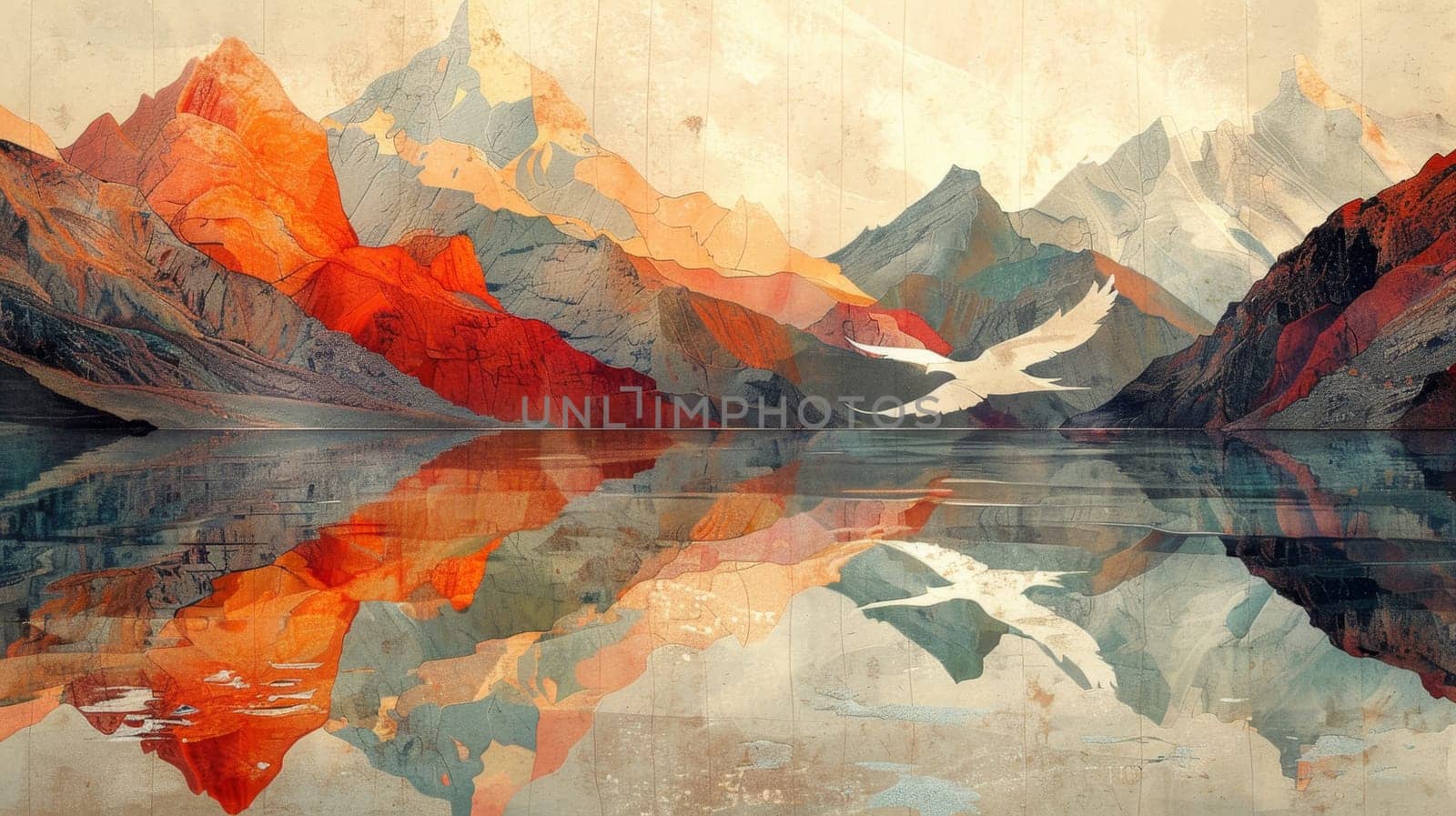 Abstract art mountains by the lake. Illustration.