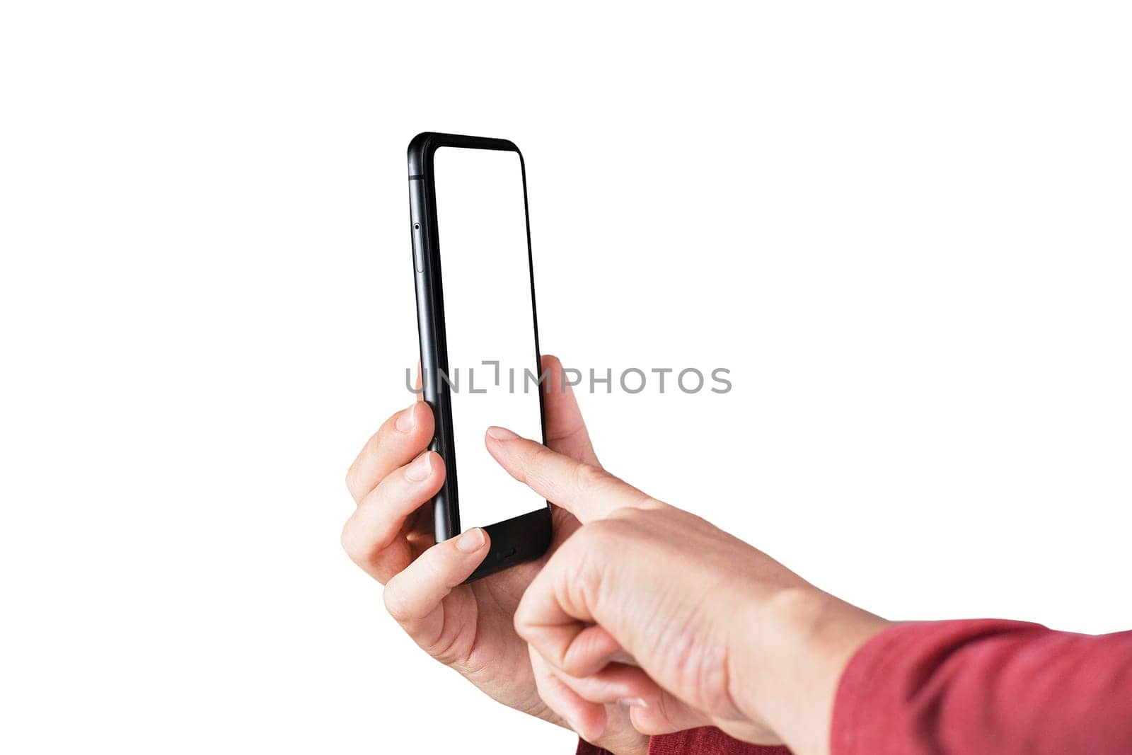Female hand holding the phone on isolated white background.