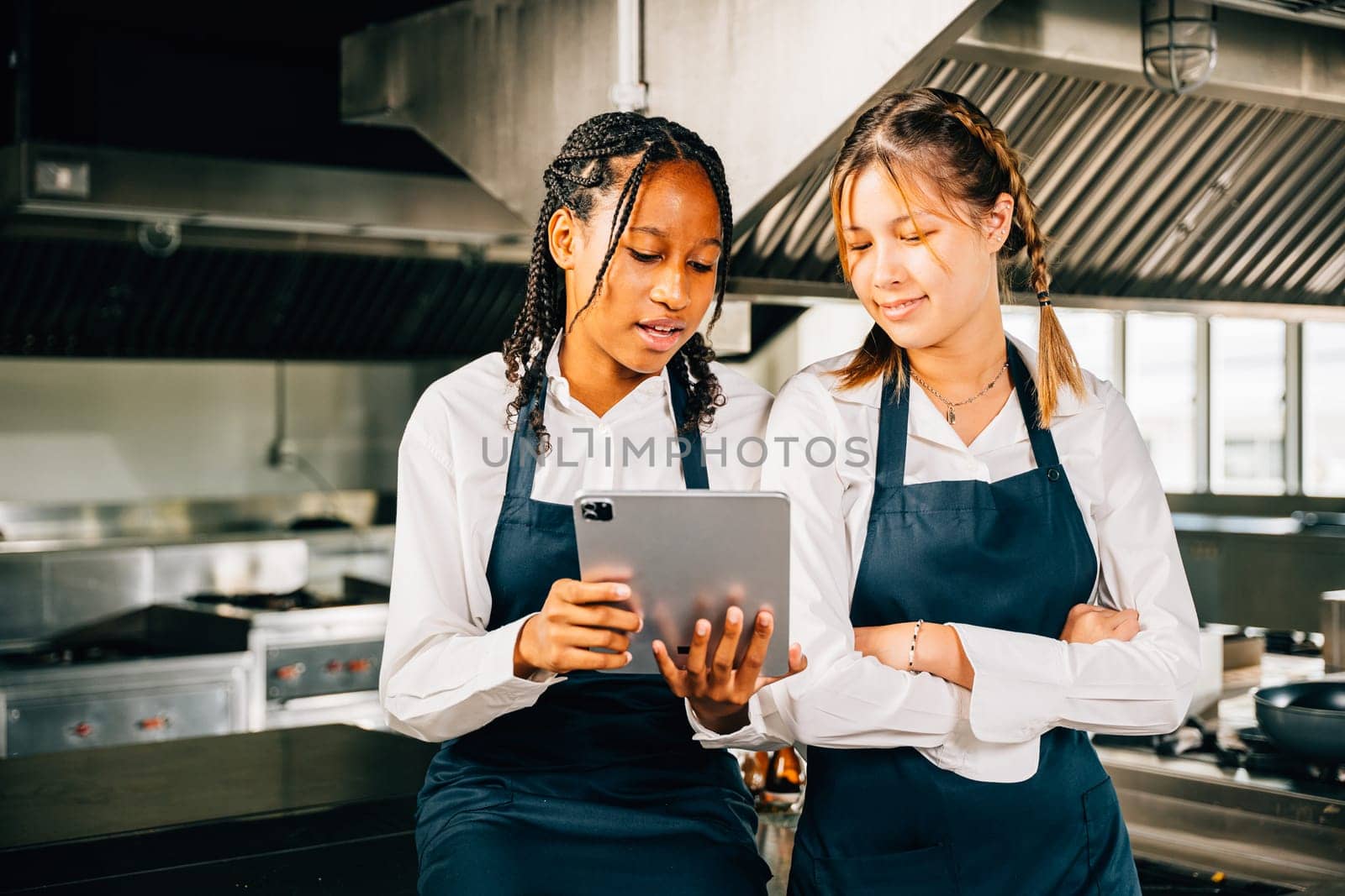 In a professional restaurant kitchen two famous chefs discuss video blog using a tablet. Modern technology aiding discussion colleagues smiling searching reading and connecting. by Sorapop