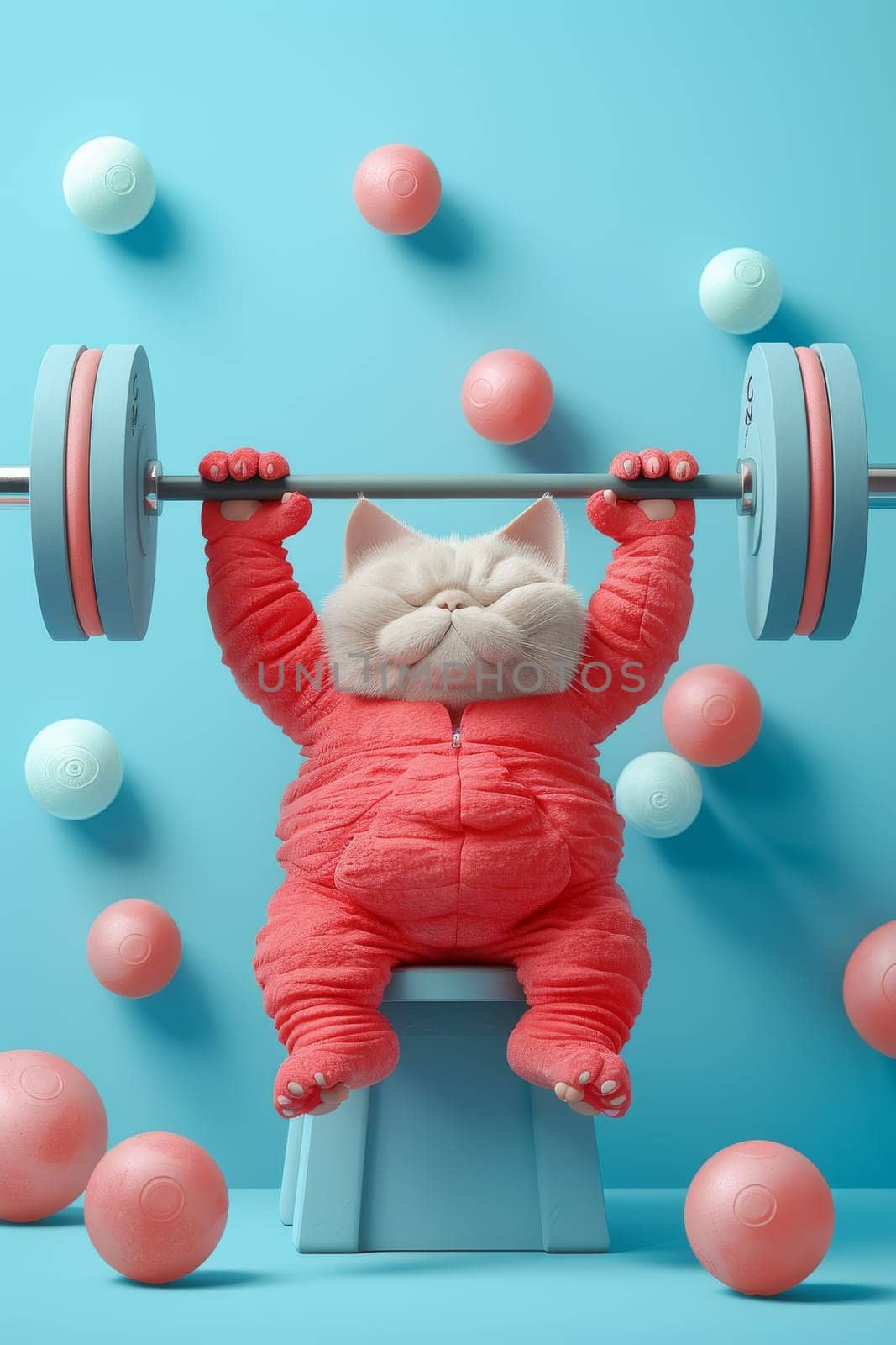 A cartoon cat is lifting a weight bar with pink and blue balls surrounding it. The image has a playful and lighthearted mood, with the cat's exaggerated pose