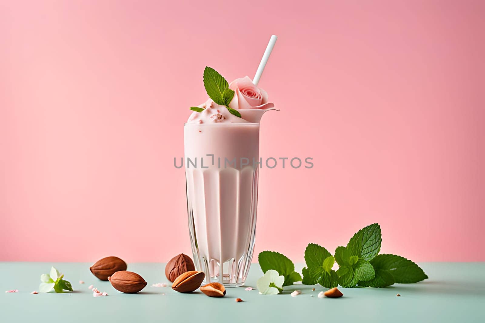 A delicious pink milkshake served in a glass, topped with fluffy whipped cream and garnished with fresh mint leaves, creating a refreshing and tasty treat.