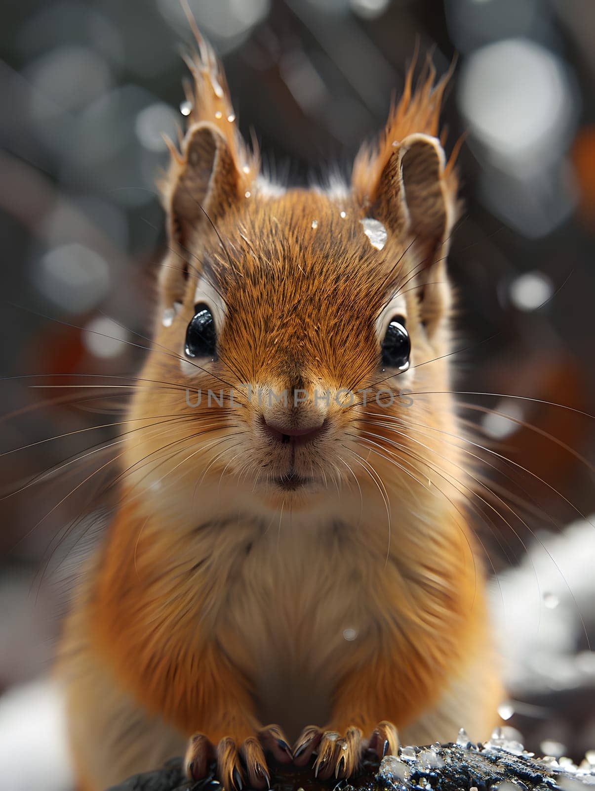 Closeup of Eurasian Red Squirrel with whiskers and fur, gazing at the camera by Nadtochiy