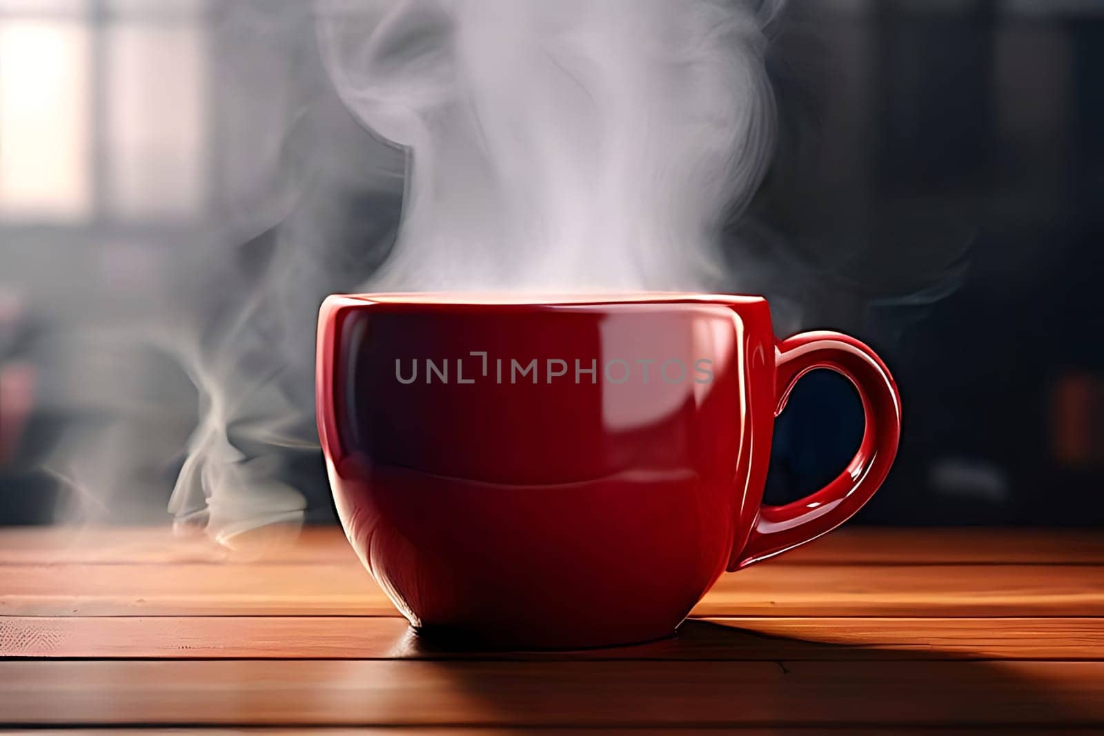 A cozy red coffee cup with steam gently rising from it, creating a warm and inviting atmosphere perfect for a relaxing moment.