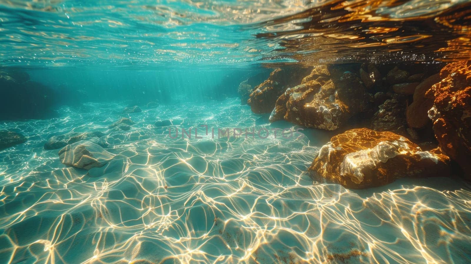 The rocky bottom beneath the water of a mountain lake.