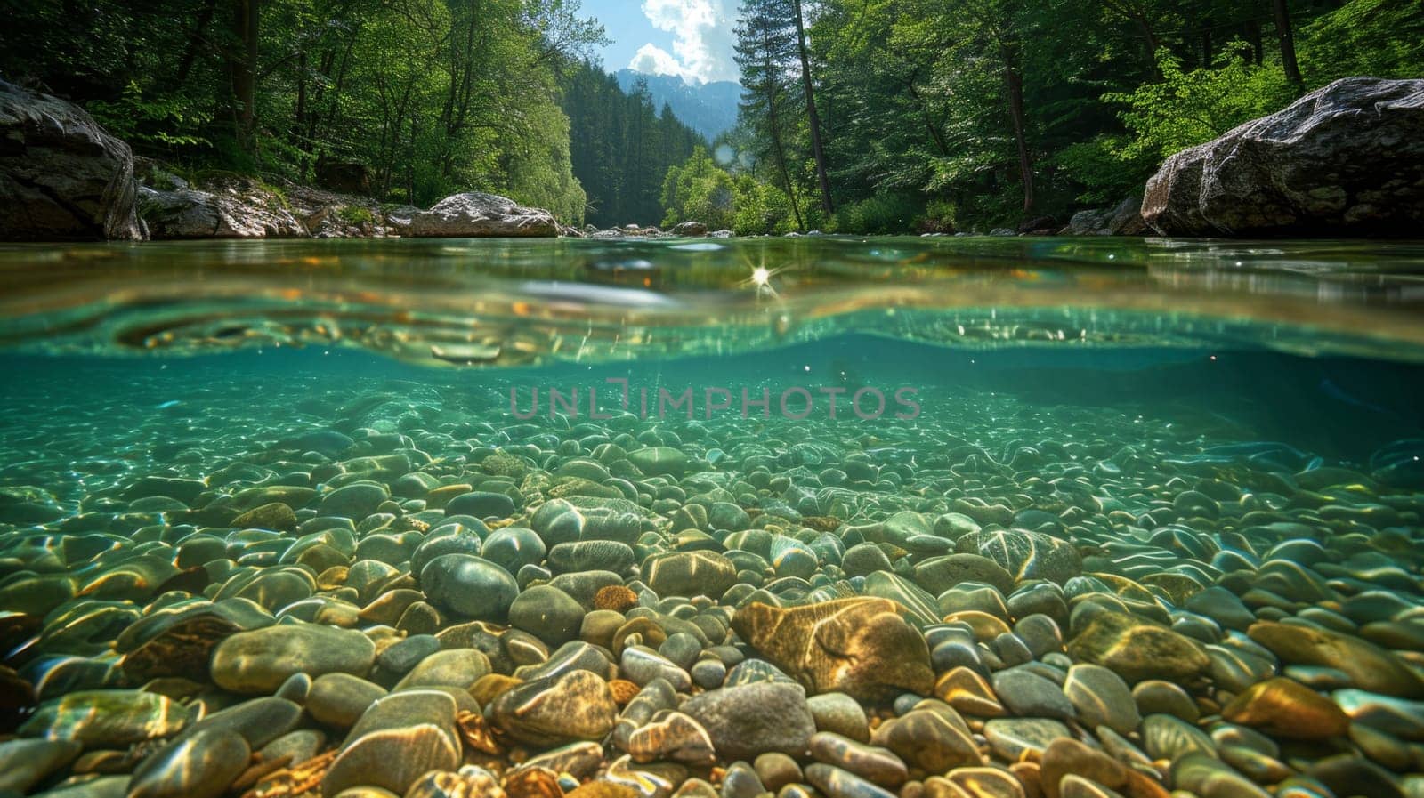 The rocky bottom beneath the water of a mountain lake.