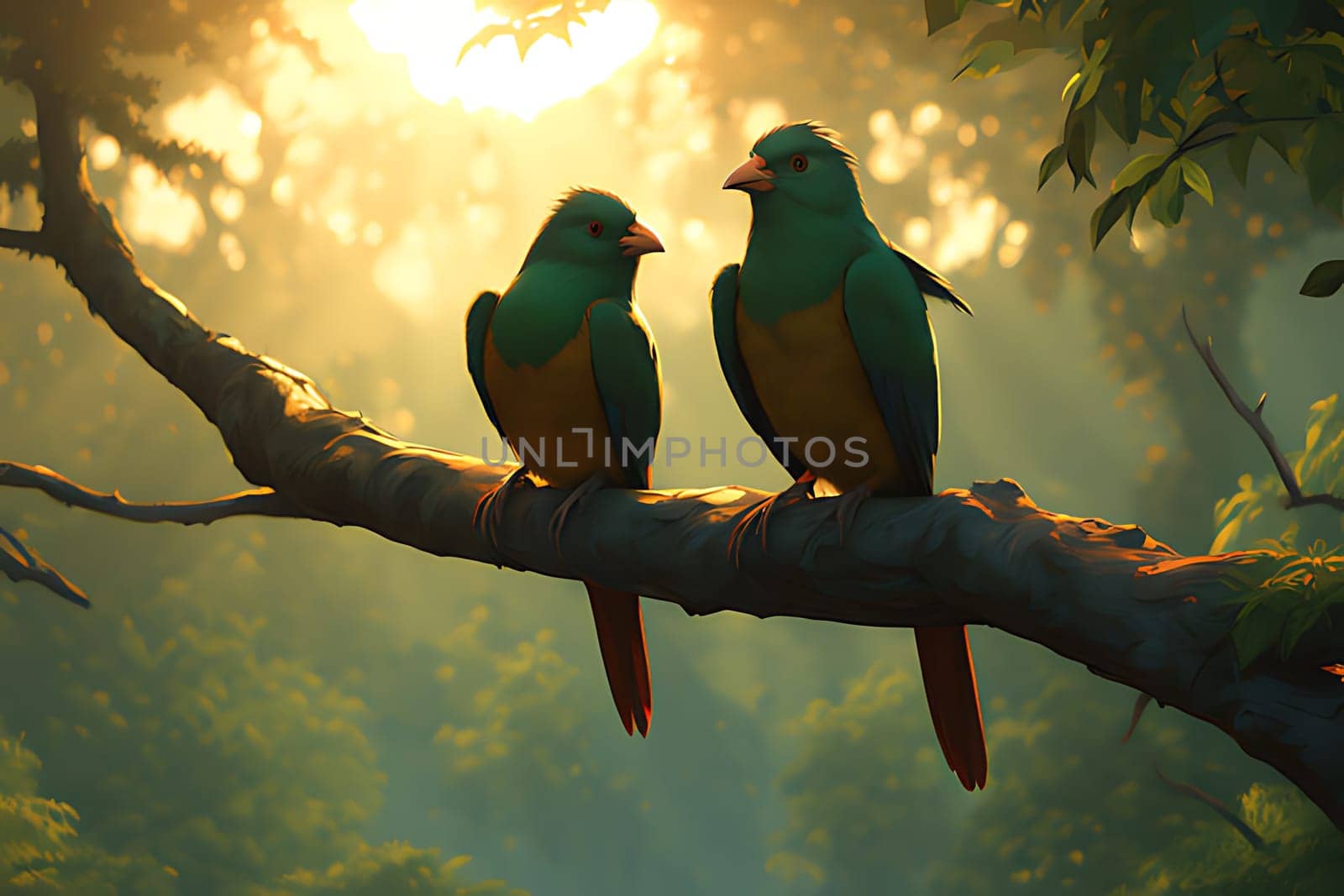 A serene image of two birds perched on a branch, showcasing the beauty of nature and the simple elegance of avian life.