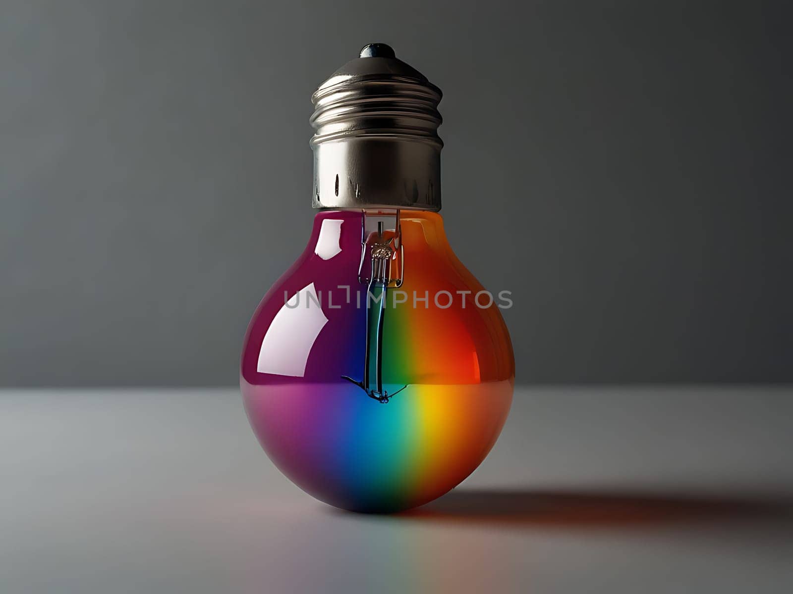 Colorful rainbow colored light bulb lamp inside empty dimmed room. Creative idea concept in diversity. Generative AI. by maenjari