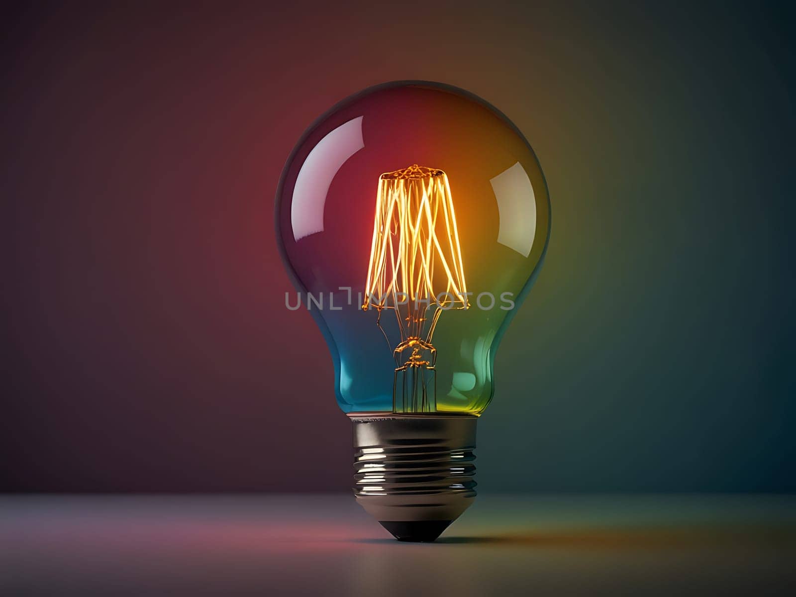 Colorful rainbow colored light bulb lamp inside empty dimmed room. Creative idea concept in diversity. Generative AI. by maenjari