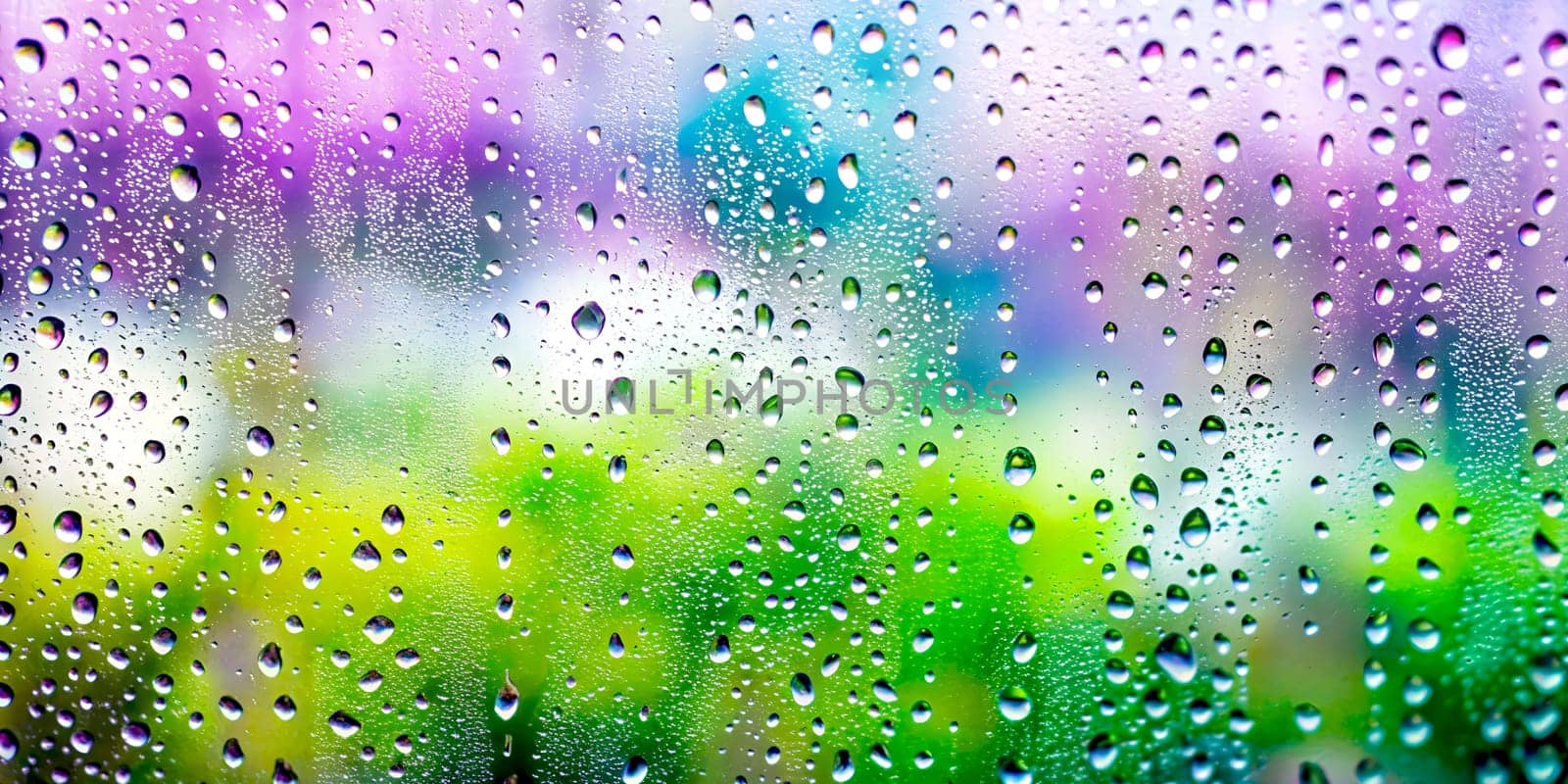 Foggy window with raindrops against a background of lilac flowers and a green garden, generated by AI illustration.