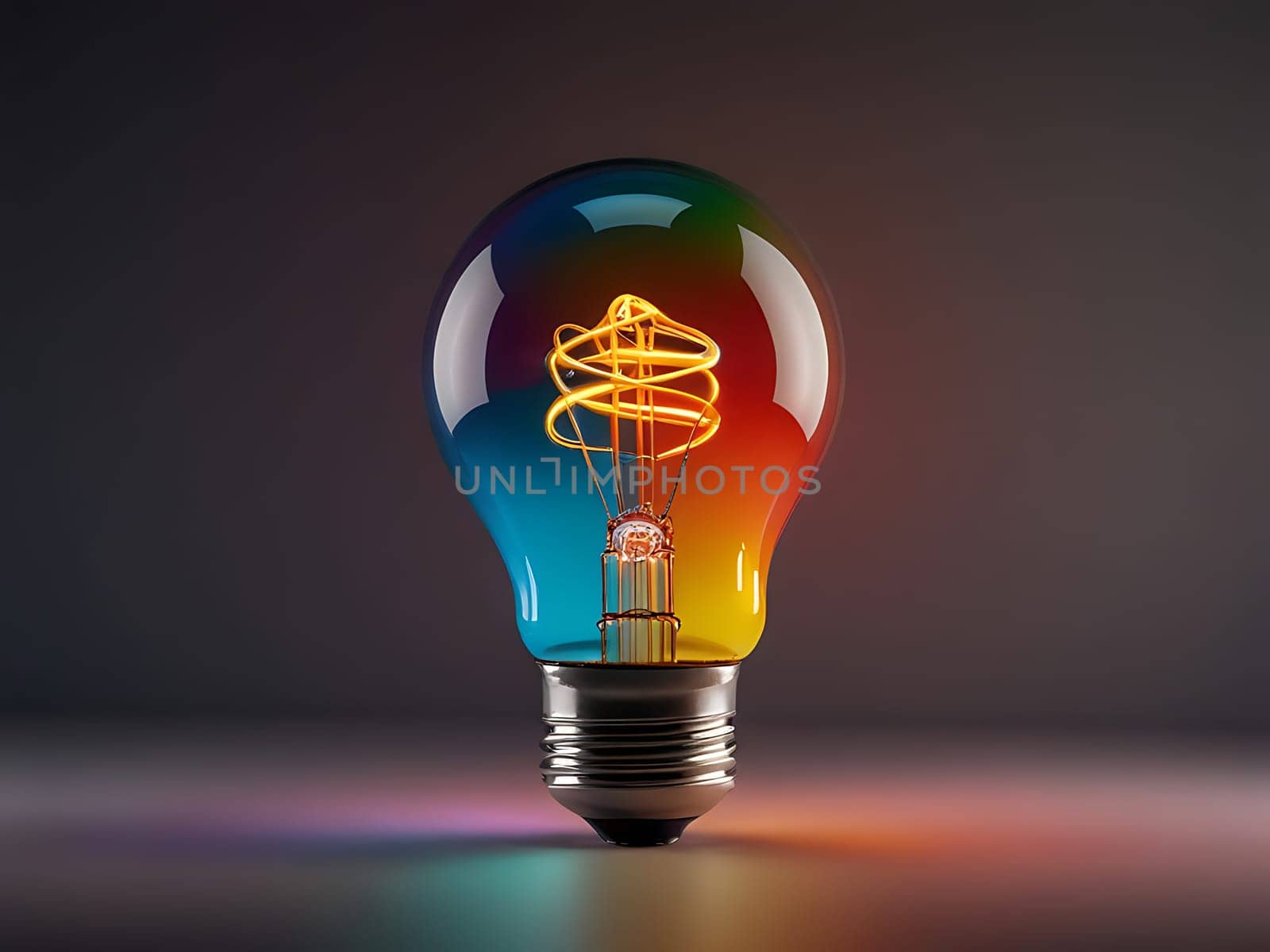 Colorful rainbow colored light bulb lamp inside empty dimmed room. Creative idea concept in diversity. Generative AI. by maenjari