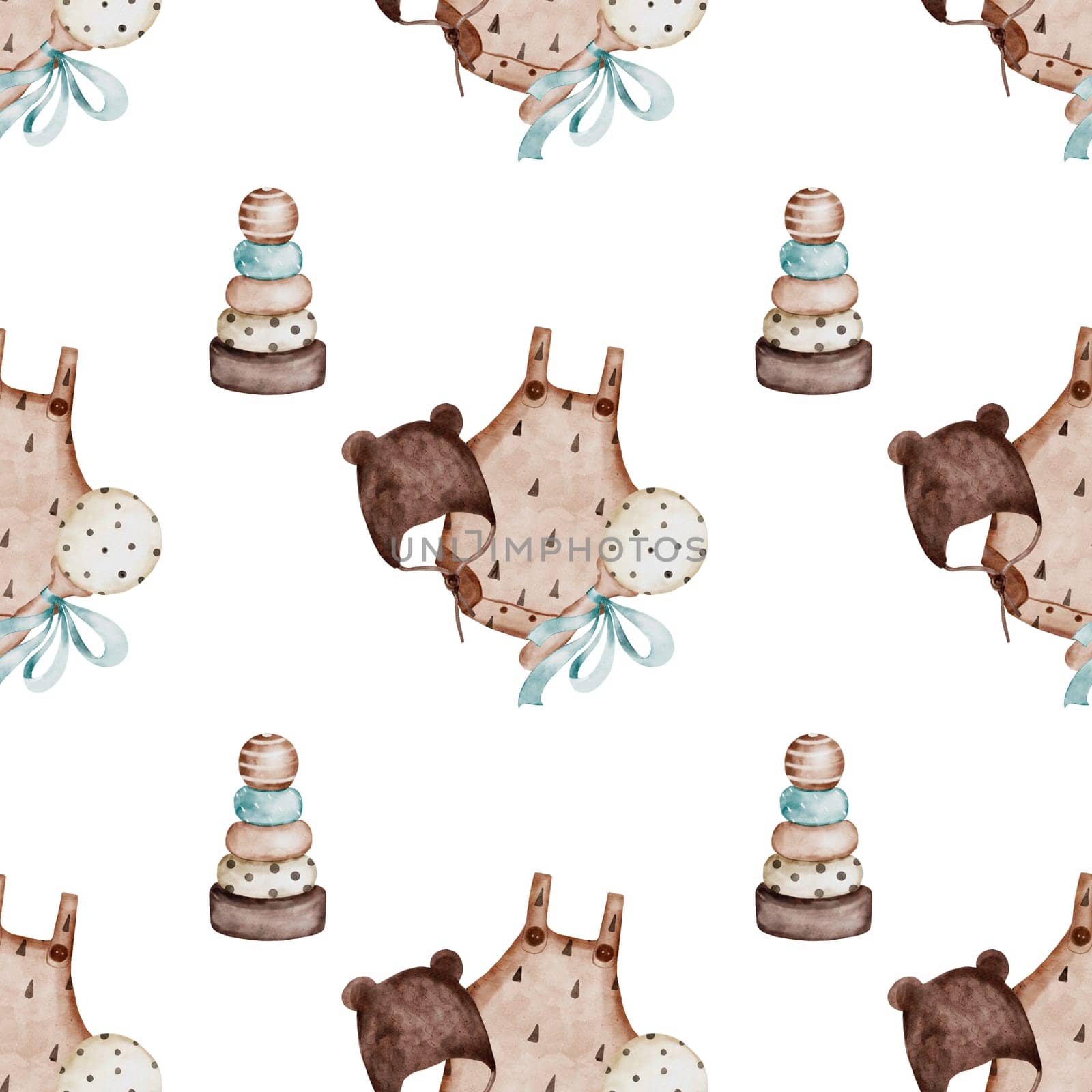 Baby pattern. Boho seamless drawing with eco accessories pyramid and rattle with a blue bow, romper and hat. Scandinavian children's clip art. For children's textiles, diapers and packaging paper. Cute baby print