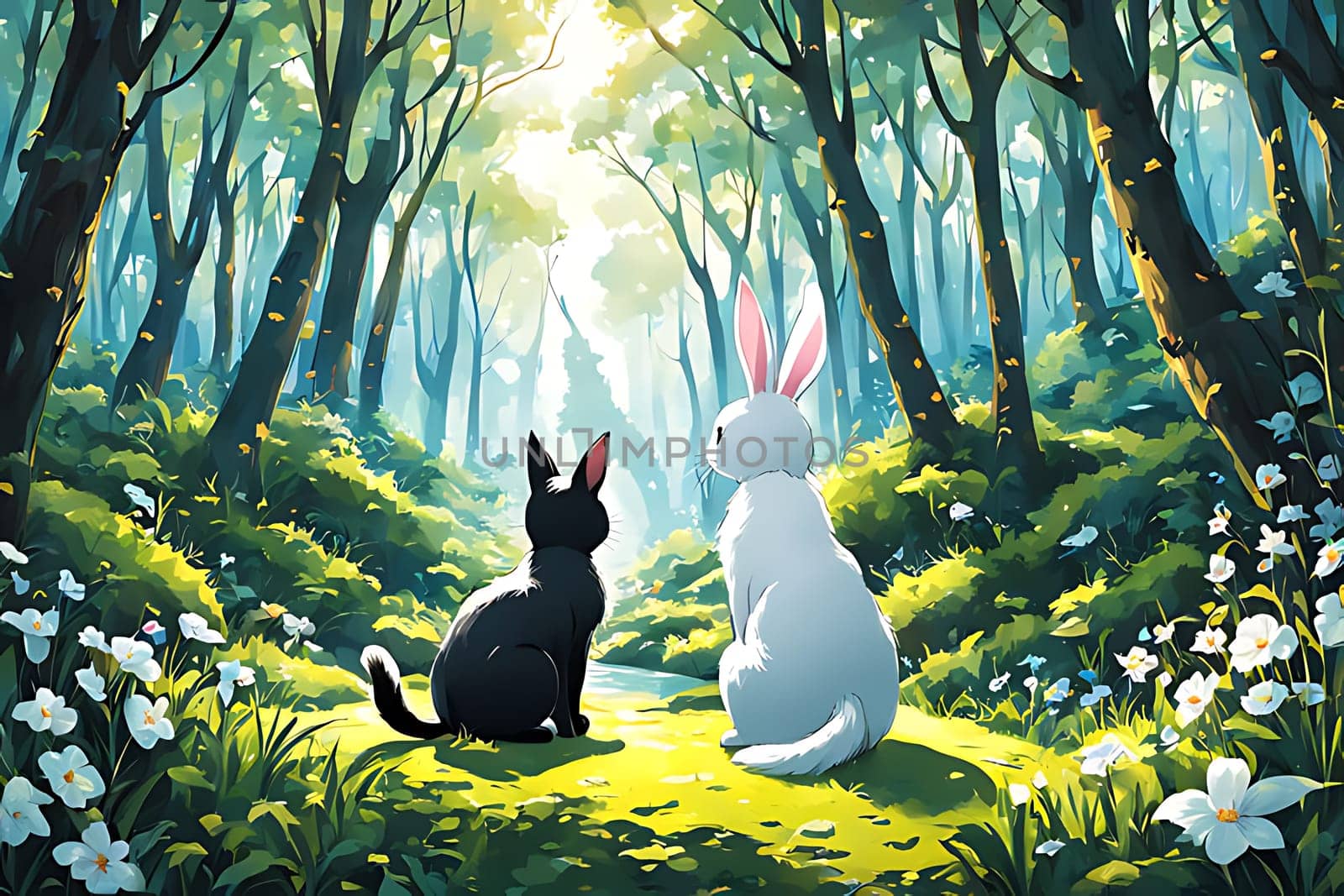 A charming scene of two cats sitting peacefully in a lush forest, surrounded by natural greenery and the tranquility of the woods.