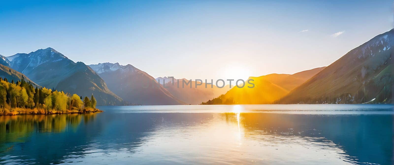 A beautiful lake surrounded by mountains with the sun rising over it.