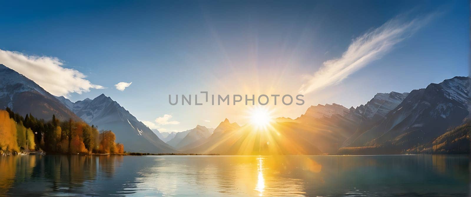 A beautiful lake surrounded by mountains with the sun rising over it.