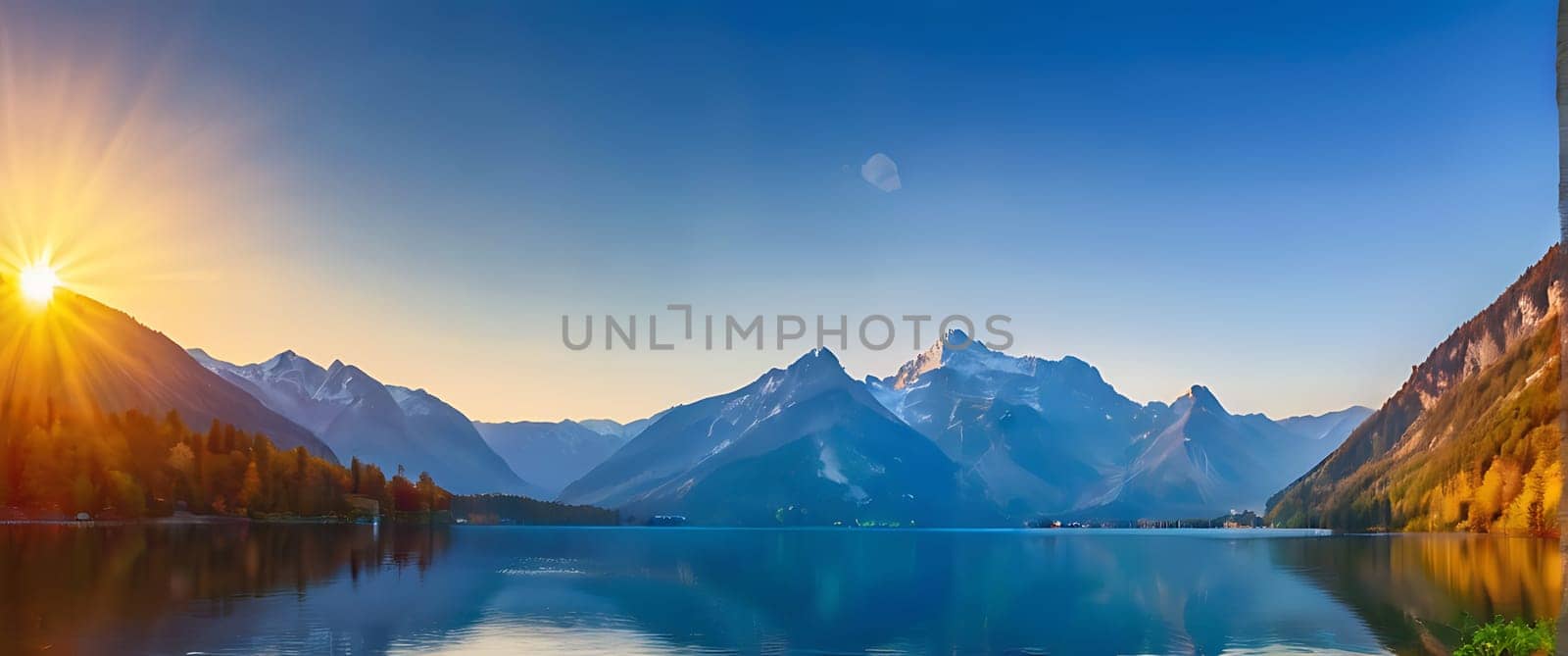 A beautiful lake surrounded by mountains with the sun rising over it.